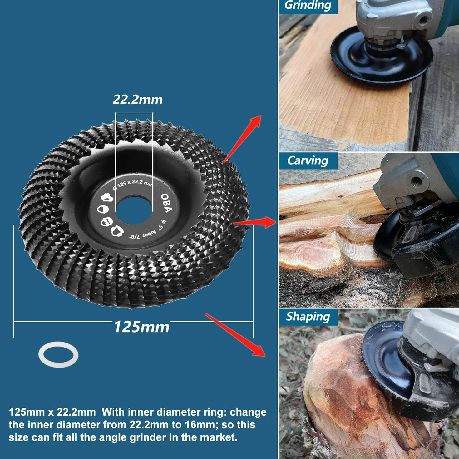 OBA Tarcza do rzeźbienia w drewnie do szlifierki kątowej 125 mm, 2 szt. tarcze szlifierki kątowej do rzeźbienia, szlifowania, modelowania, usuwania materiału