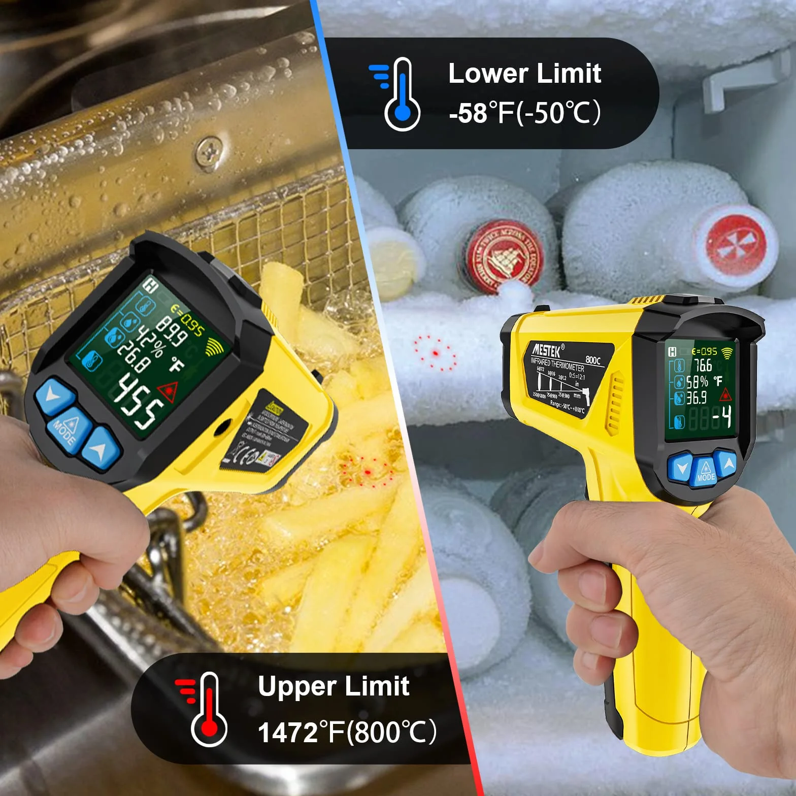 MESTEK Termometr na Podczerwień Pistolet Cyfrowy Laserowy 50℃~800℃ z K-Sondą