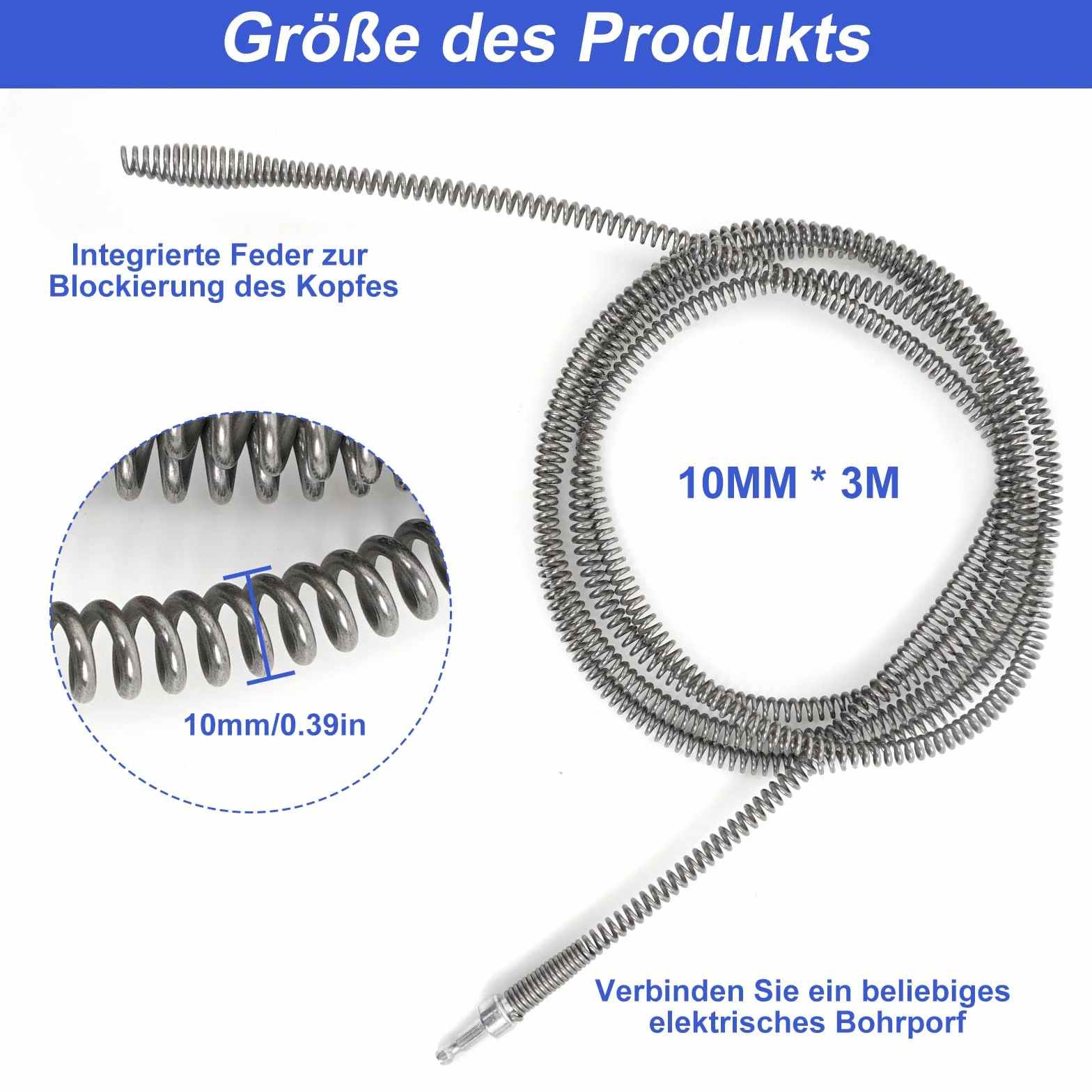 Spirala do czyszczenia rur 3 m x Ø 10 mm środek do czyszczenia odpływów spirala odpływ spirala z nakładką wiertniczą uniwersalna spirala rurowa odpływ wału do czyszczenia rur do toalety, umywalki