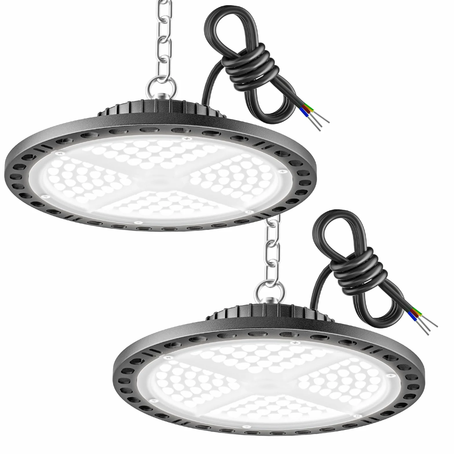 Przemysłowy reflektor LED 100 W 2 sztuki - 15000 LM UFO reflektor LED kryty reflektor LED z metalowym łańcuchem 11,8 cala, sterownik, 6500 K IP65 Lampa halowa do warsztatu, fabryk magazynów