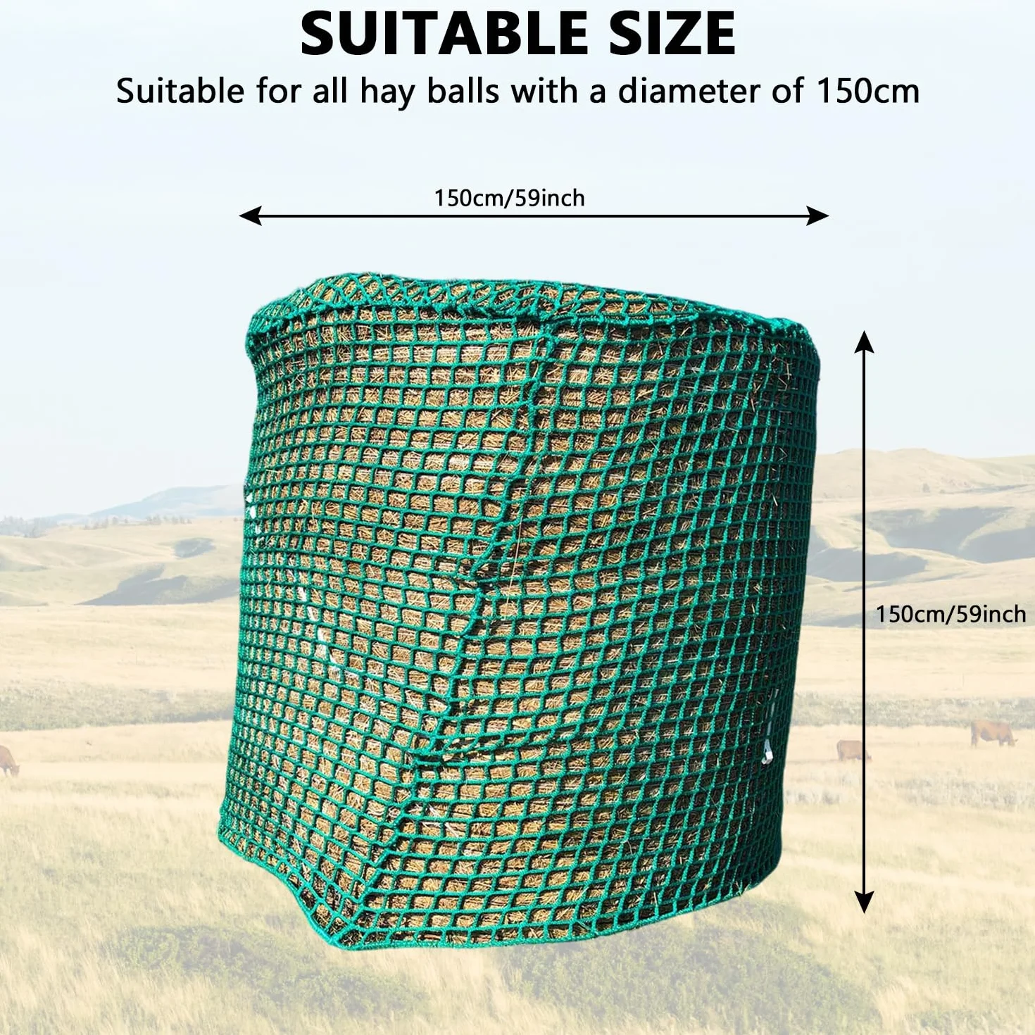 Siatka na siano dla koni, okrągła siatka na siano 150 cm x 150 cm - odstępy 4,5 x 4,5 cm, siatka na siano o dużej nośności, gęsta siatka na siano dla gospodarstw rolniczych hodujących konie (zielona)
