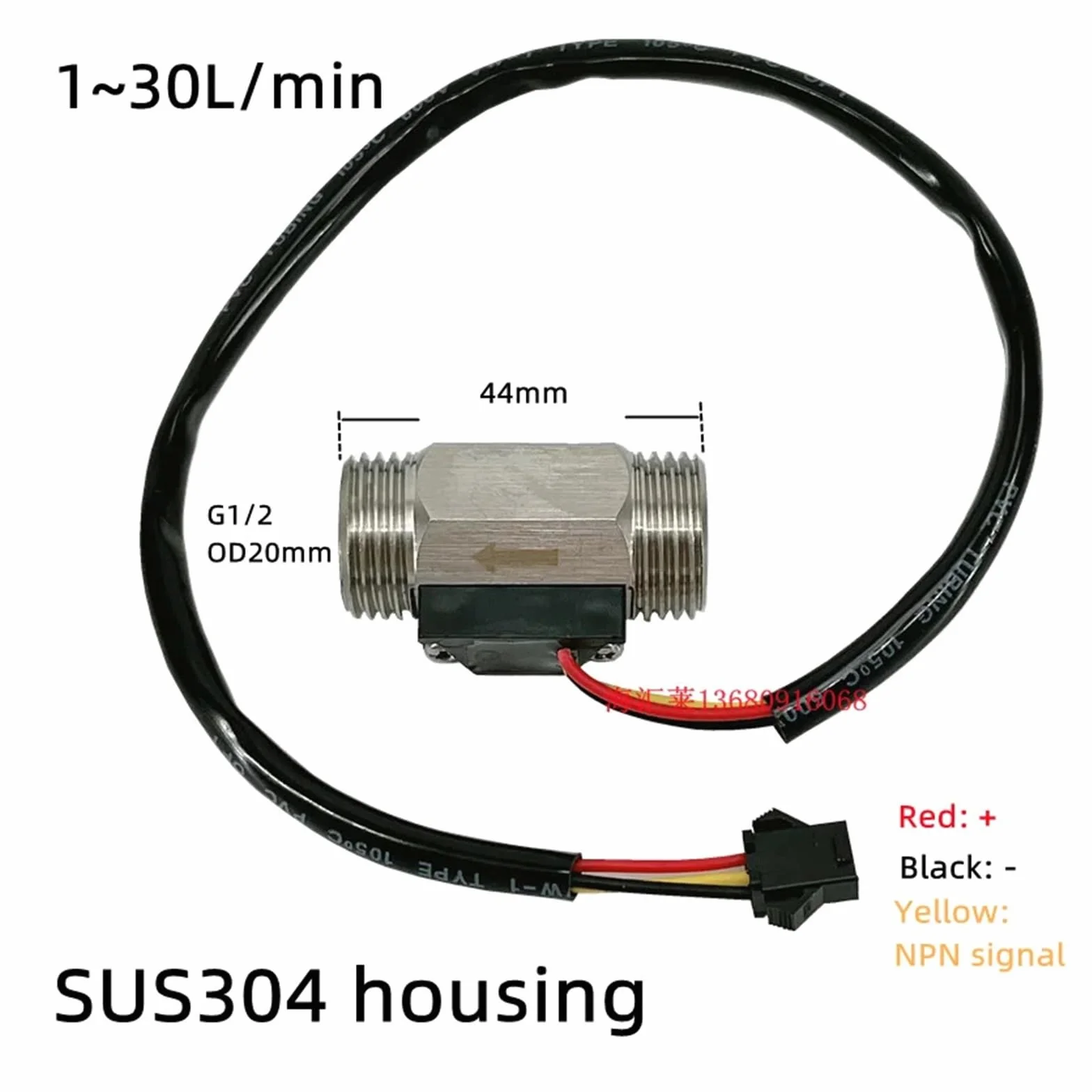 Czujnik przepływu wody G1/2" 1~30L/min Efekt Halla NPN impuls DN15 stal nierdzewna 5-24Vdc