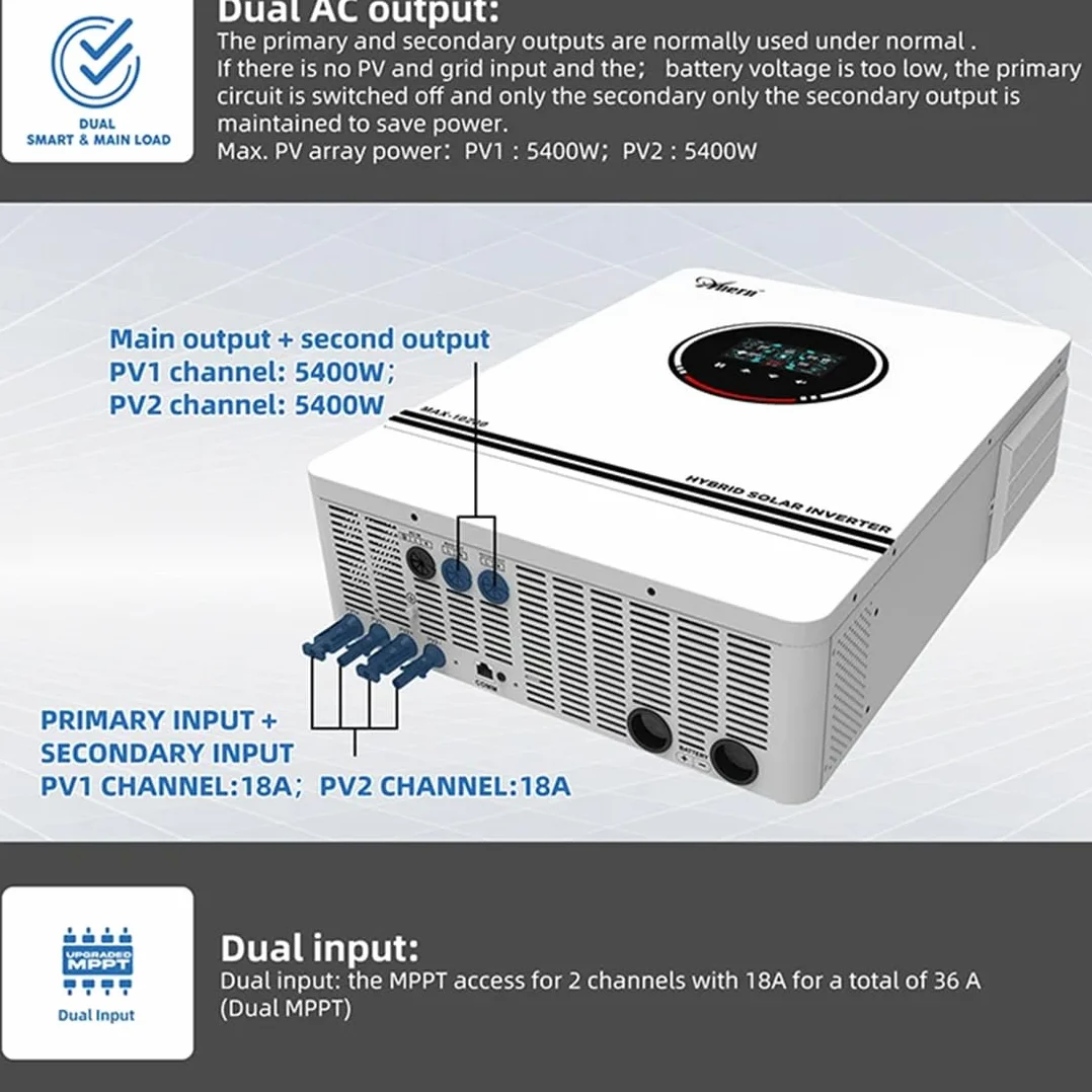 Anern 10.2kw Hybrydowy Falownik Solarny 48VDC do AC 230V z Regulatorem Solarnym MPPT 180A, Wejście PV Max 500V Inwerter Wejście 2PV/Wyjścia 2AC Działa z Bateriami lub Bez