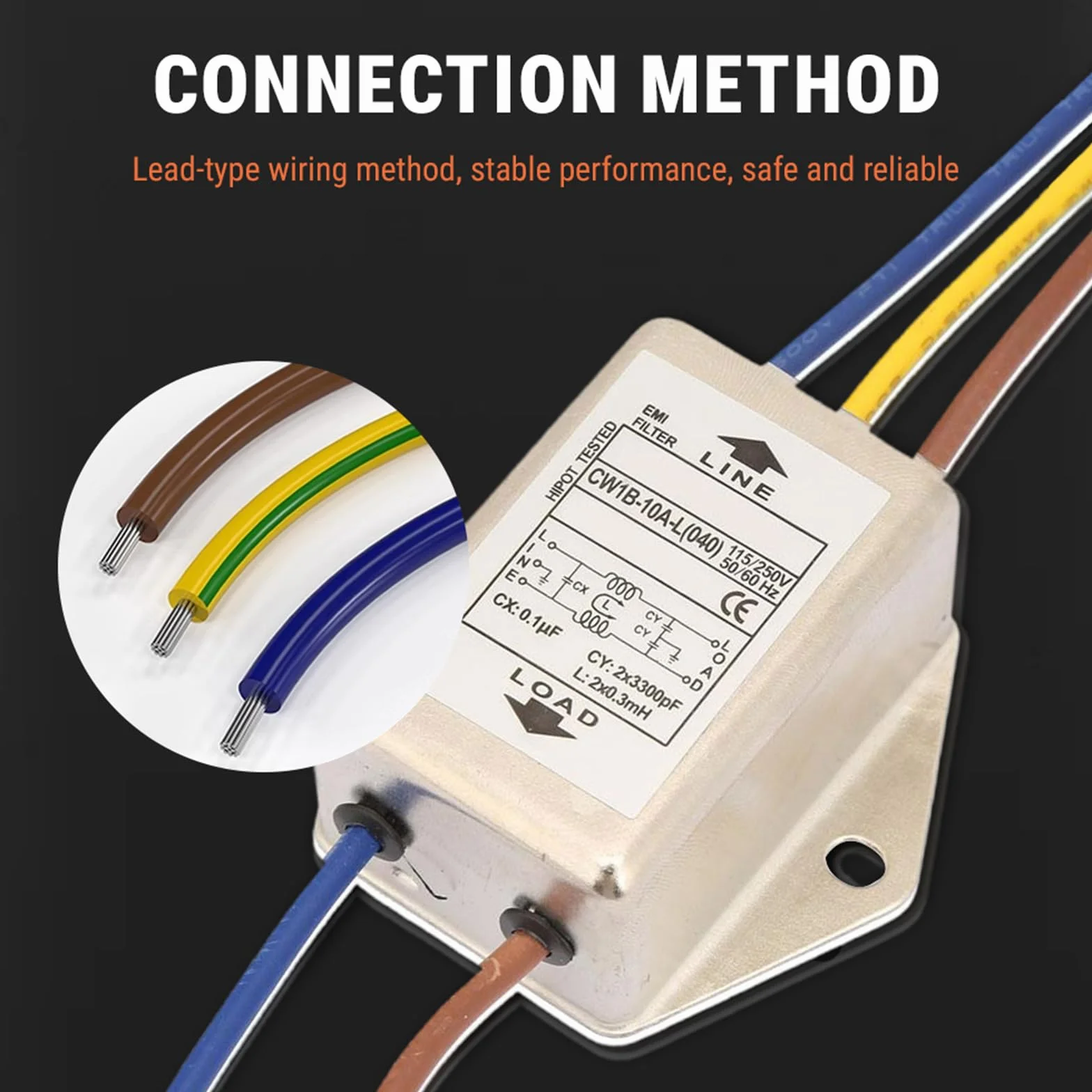 EMI filtr sieciowy, 125/250 V, 10 A, jednofazowy, elektromagnetyczny filtr interferencyjny, EMI, filtr wydajny, EMI do tłumienia ciągłych przerywanych zakłóceń impulsowych