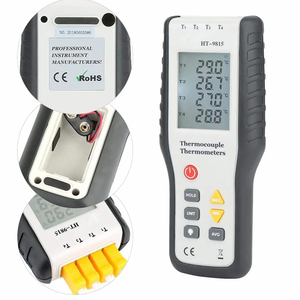 Akozon HT-9815 Cyfrowy termoparowy termometr 4 c Kanałowy czujnik typu K - 200 ° C ~ 1372 ° C