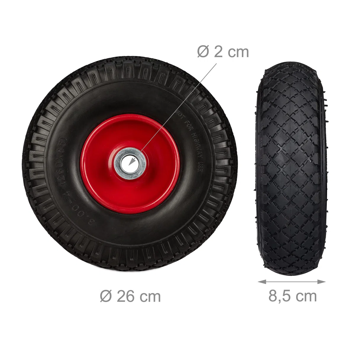 Relaxdays, czarno-czerwone 2 x koło do wózka transportowego, odporne na przebicie opony z pełnej gumy, felga stalowa 3,00-4", oś 20 mm, 100 kg, 260 x 85 mm, 10026069_261