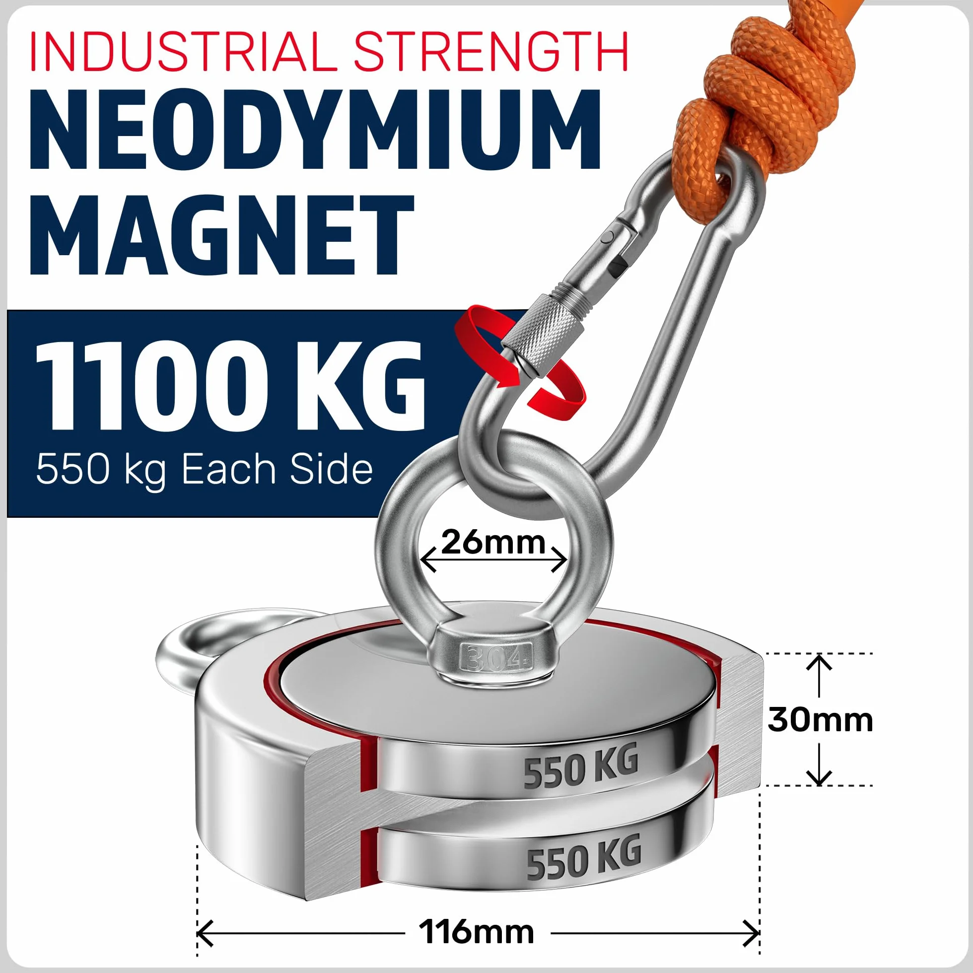 MAGFISHION Magnes Neodymowy 1100KG Ø116mm Dwustronny Zestaw do Wędkarstwa Magnetycznego z Liną 20M i Rękawicami
