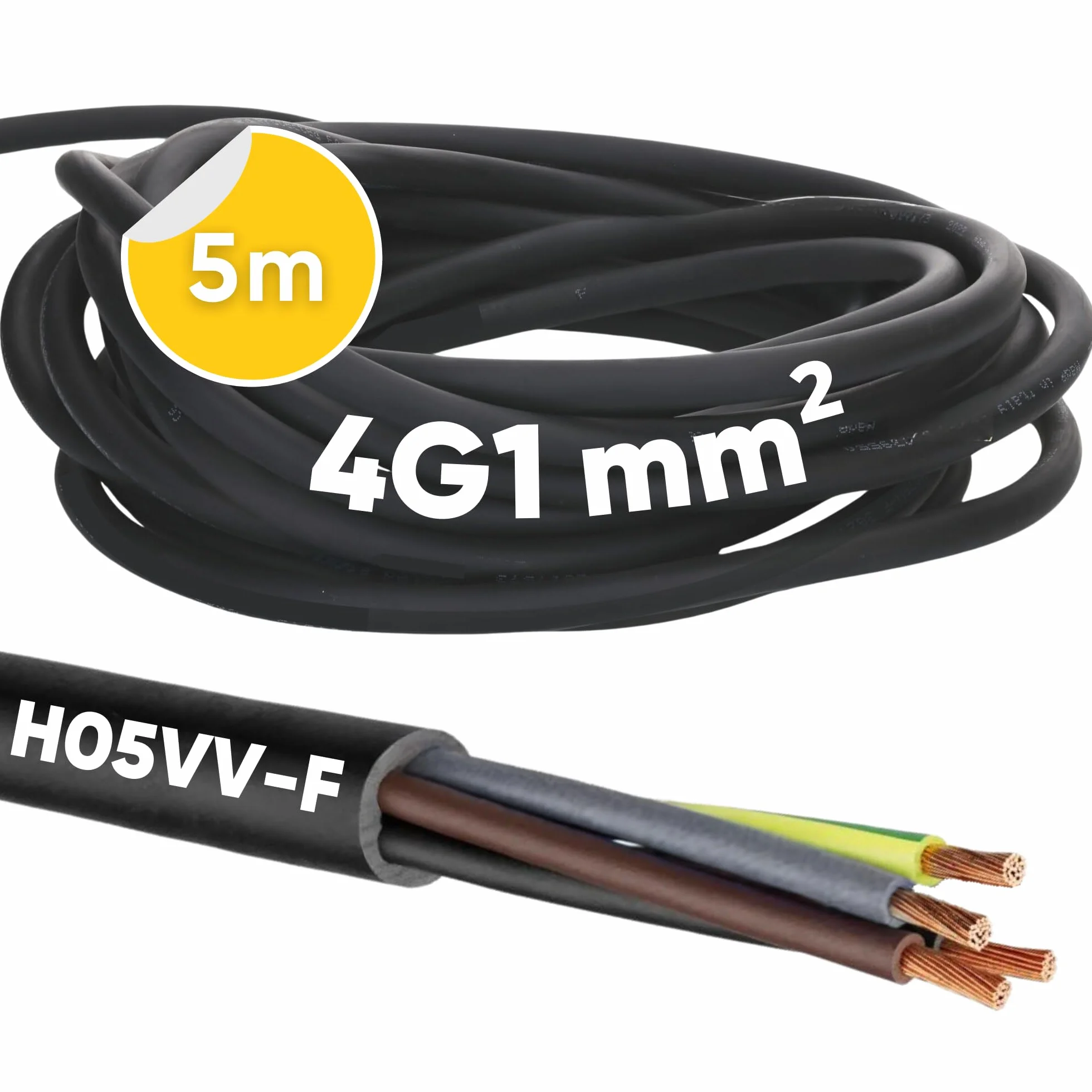 Kalitec H05VV-F wąż ogrodowy, 5 m, 4 x 1 mm², kabel zasilający 4G1 mm2 z przewodem ochronnym, kabel PCW do wnętrz, kabel elektryczny, czarny, elastyczny kabel do lamp, 4-żyłowy
