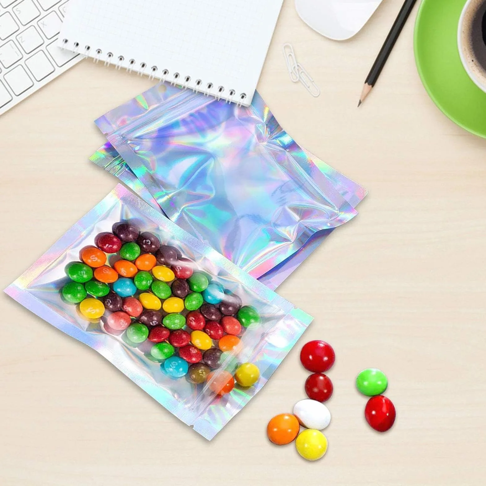 50 sztuk torebek Mylar, płaskie woreczki foliowe, zamykane torby, woreczki na zamek błyskawiczny, plastikowe torby holograficzne, zamykane do przechowywania ulubionych imprez