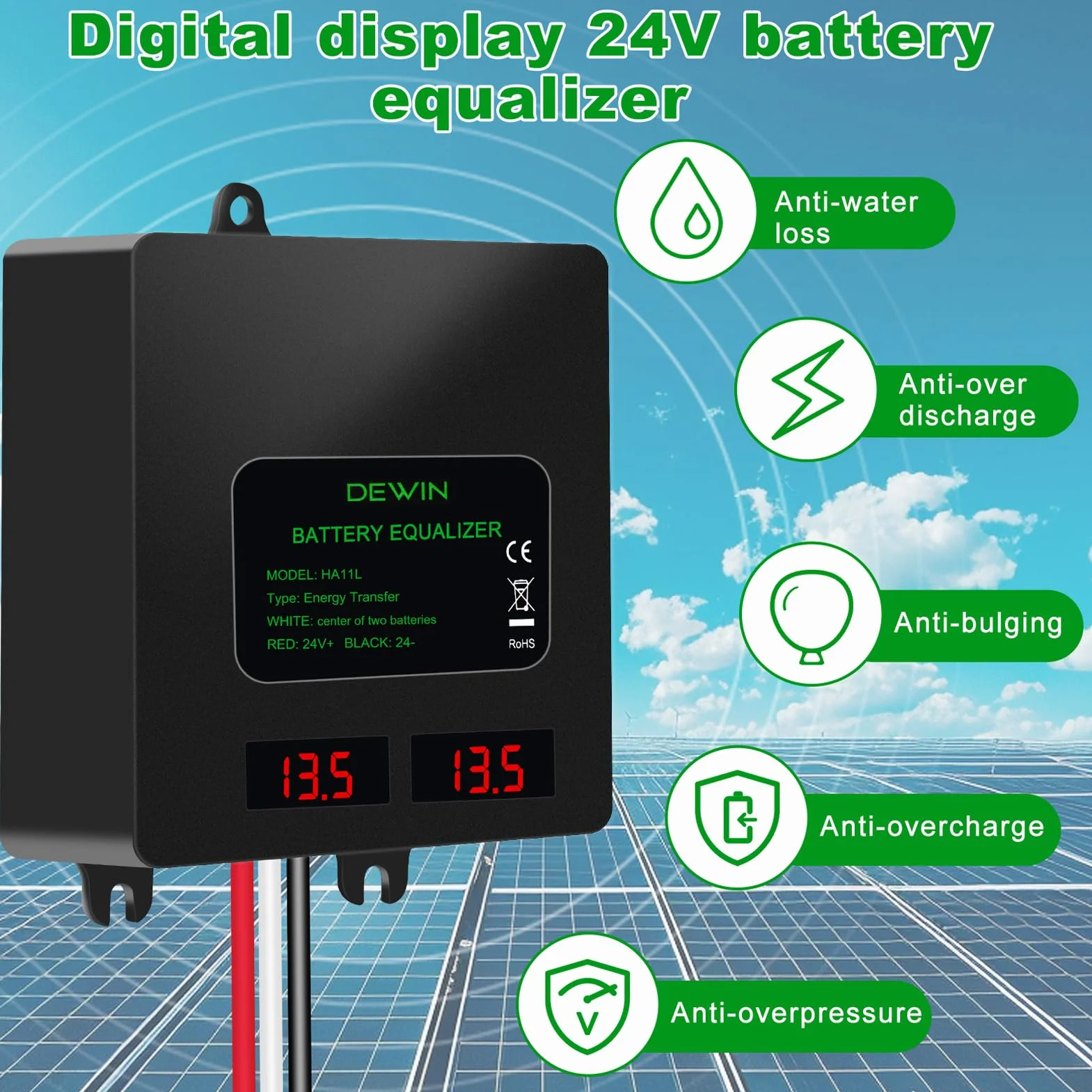 Balancer do baterii 24 V, 2 x 12 V, system ładowania solarnego IP67, do akumulatorów ołowiowych, kwasowo-litowych, litowo-jonowych, żelazowo-fosforanowych