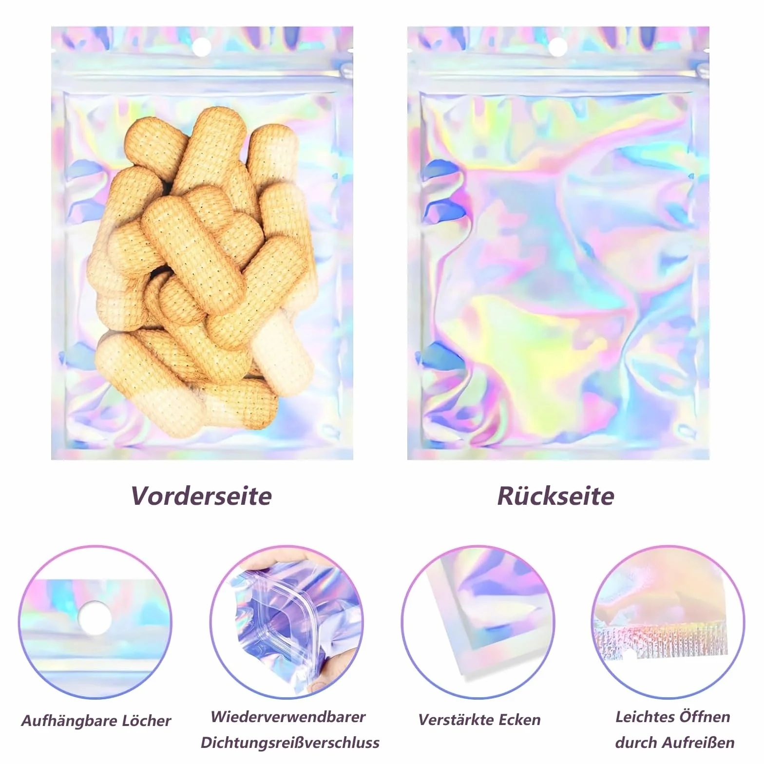 50 sztuk torebek Mylar, płaskie woreczki foliowe, zamykane torby, woreczki na zamek błyskawiczny, plastikowe torby holograficzne, zamykane do przechowywania ulubionych imprez