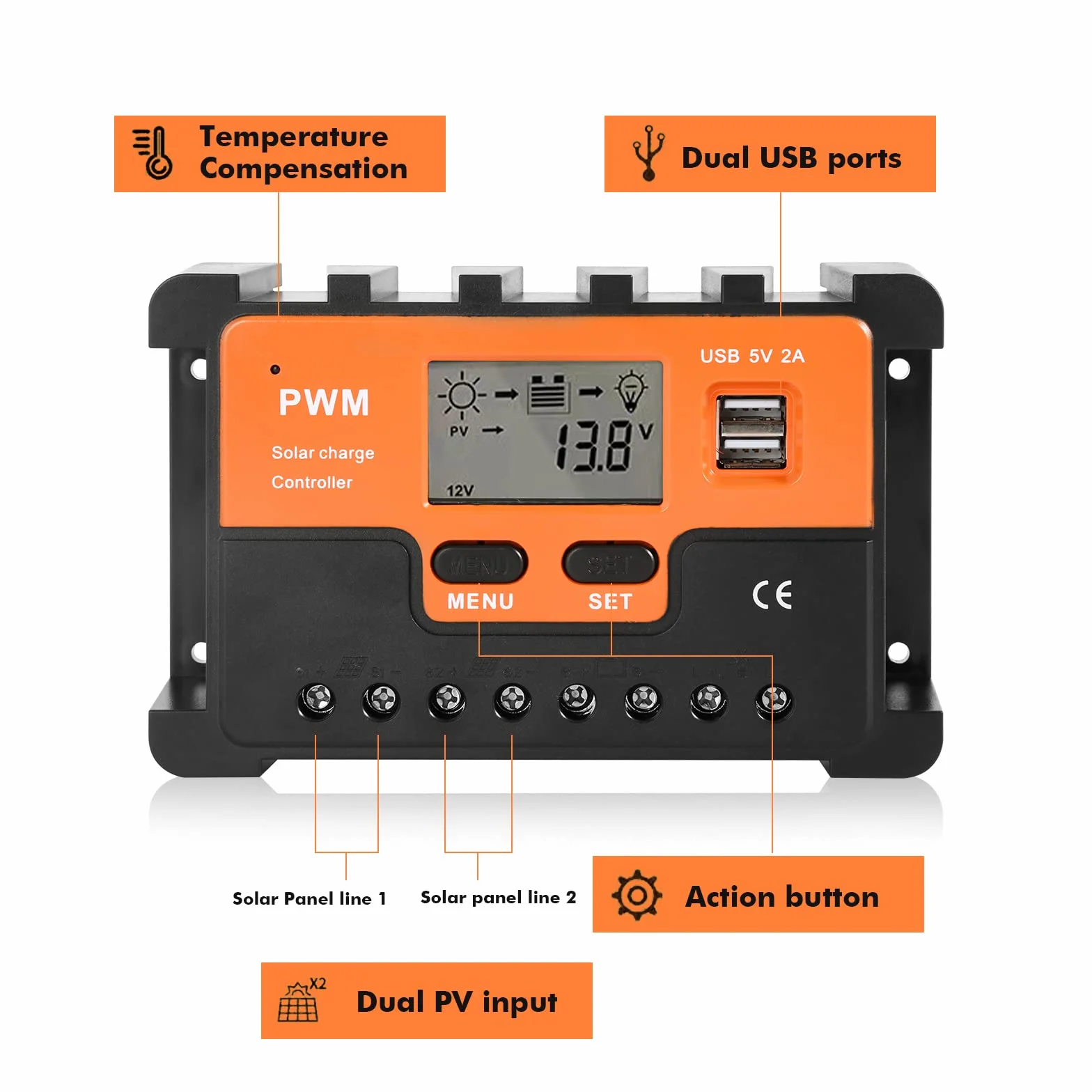 DEWIN PWM solarny regulator ładowania, 12 V 24 V moduł solarny regulator baterii, wyjście Dual USB 5 V, 10-60 A (30 A)