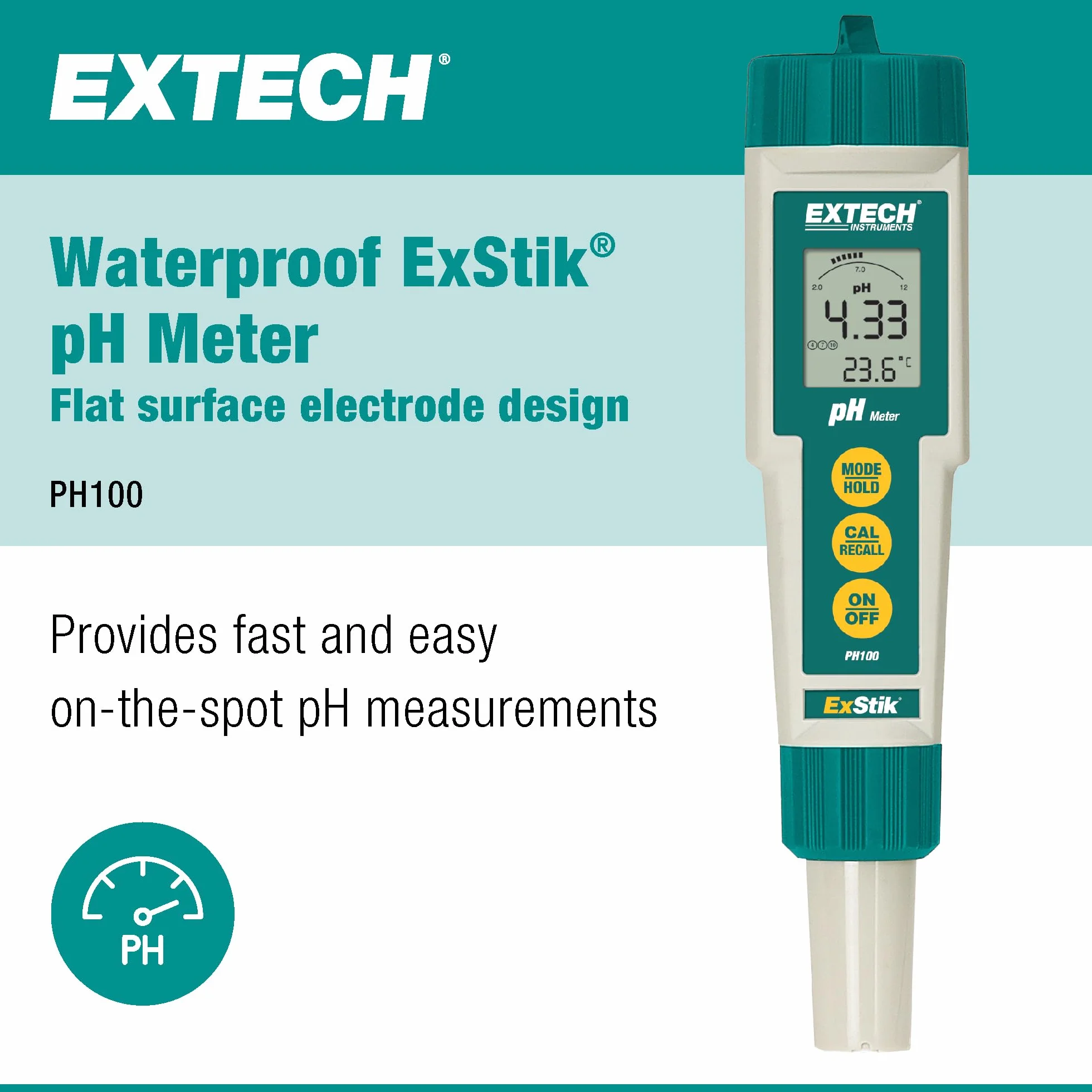 Extech PH100 Wodoodporny Miernik PH ExStik II z Płaską Elektrodą Powierzchniową i Wyświetlaczem Temperatury
