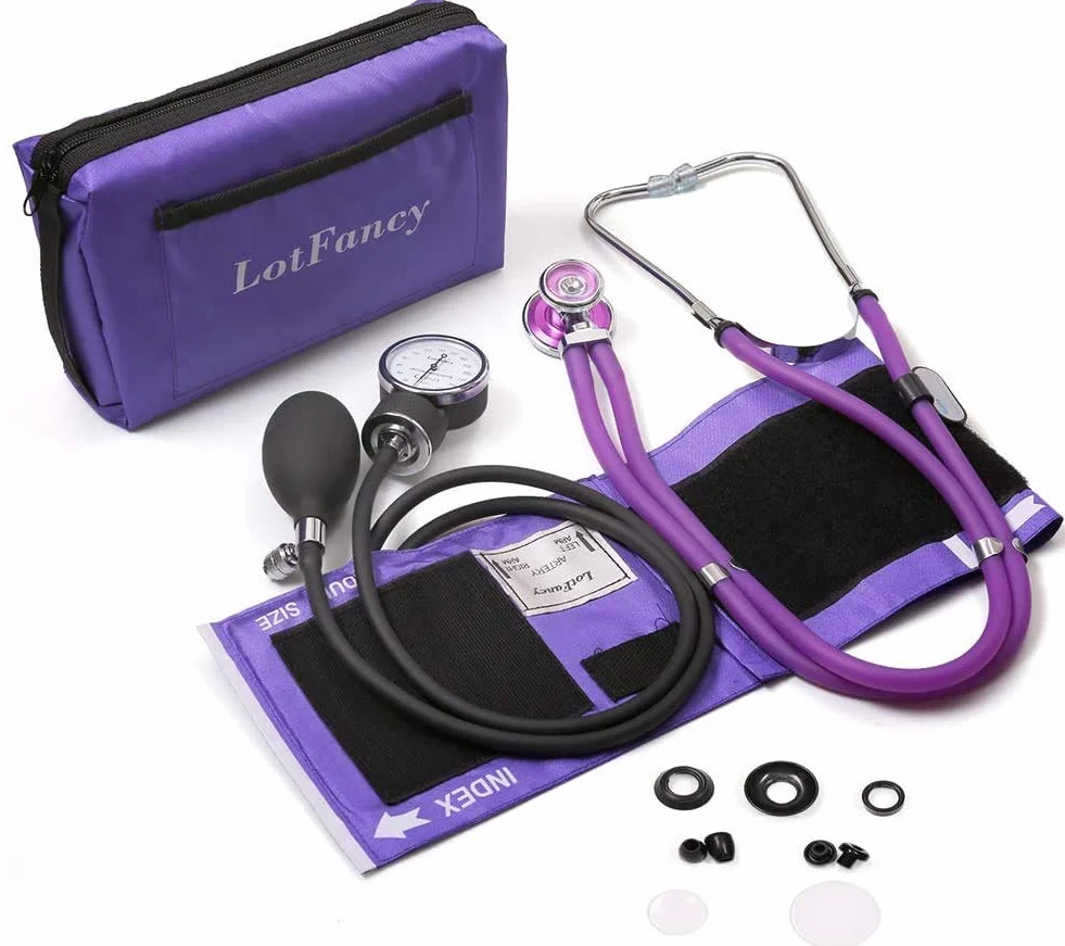 LotFancy Sfigmomanometr Aneroid z Stetoskopem, Profesjonalny Ręczny Ciśnieniomierz dla Dorosłych, Mankiet BP 25-40 cm, Fioletowy