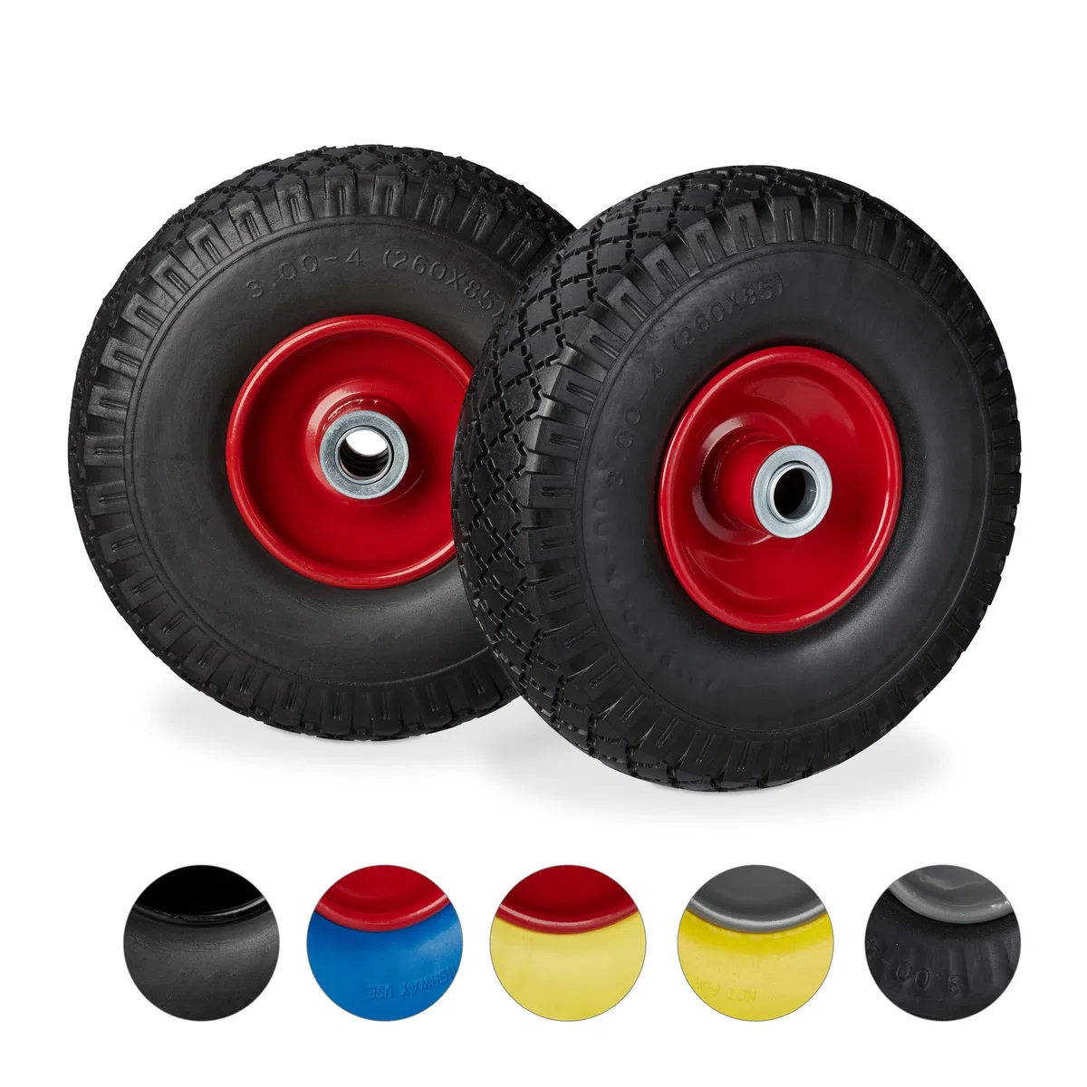 Relaxdays, czarno-czerwone 2 x koło do wózka transportowego, odporne na przebicie opony z pełnej gumy, felga stalowa 3,00-4", oś 20 mm, 100 kg, 260 x 85 mm, 10026069_261
