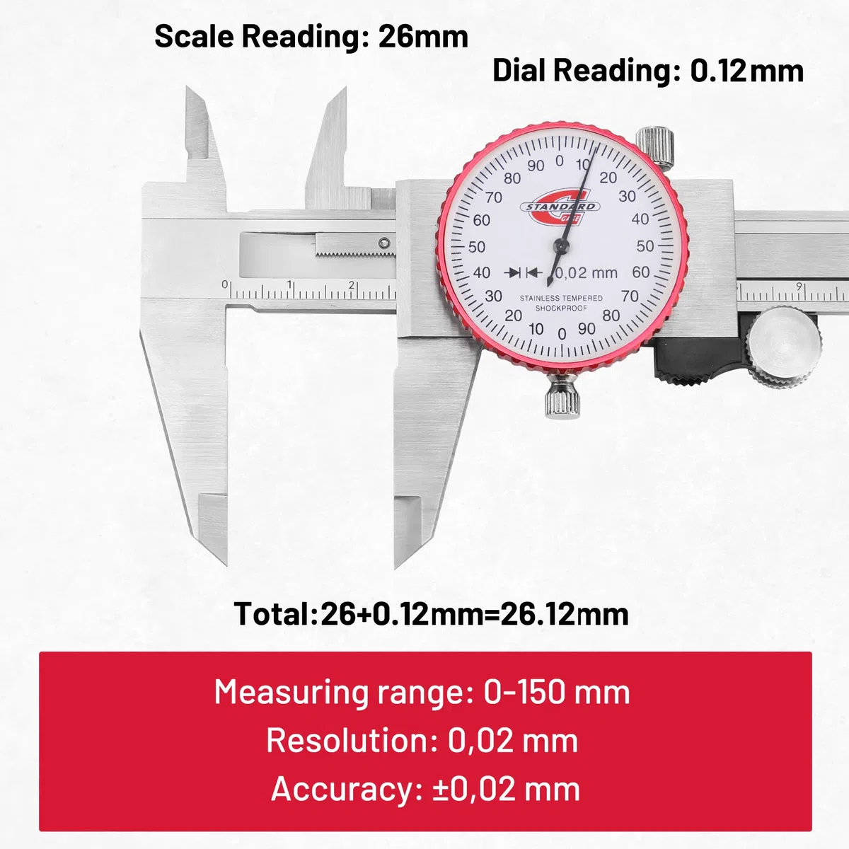 Suwmiarka metryczna z suwmiarką, zakres 0-150 mm, precyzyjna suwmiarka analogowa, dokładność ±0,02 mm, ręczna mechaniczna, metalowa, ze stali nierdzewnej, z 4-kierunkowym pomiarem