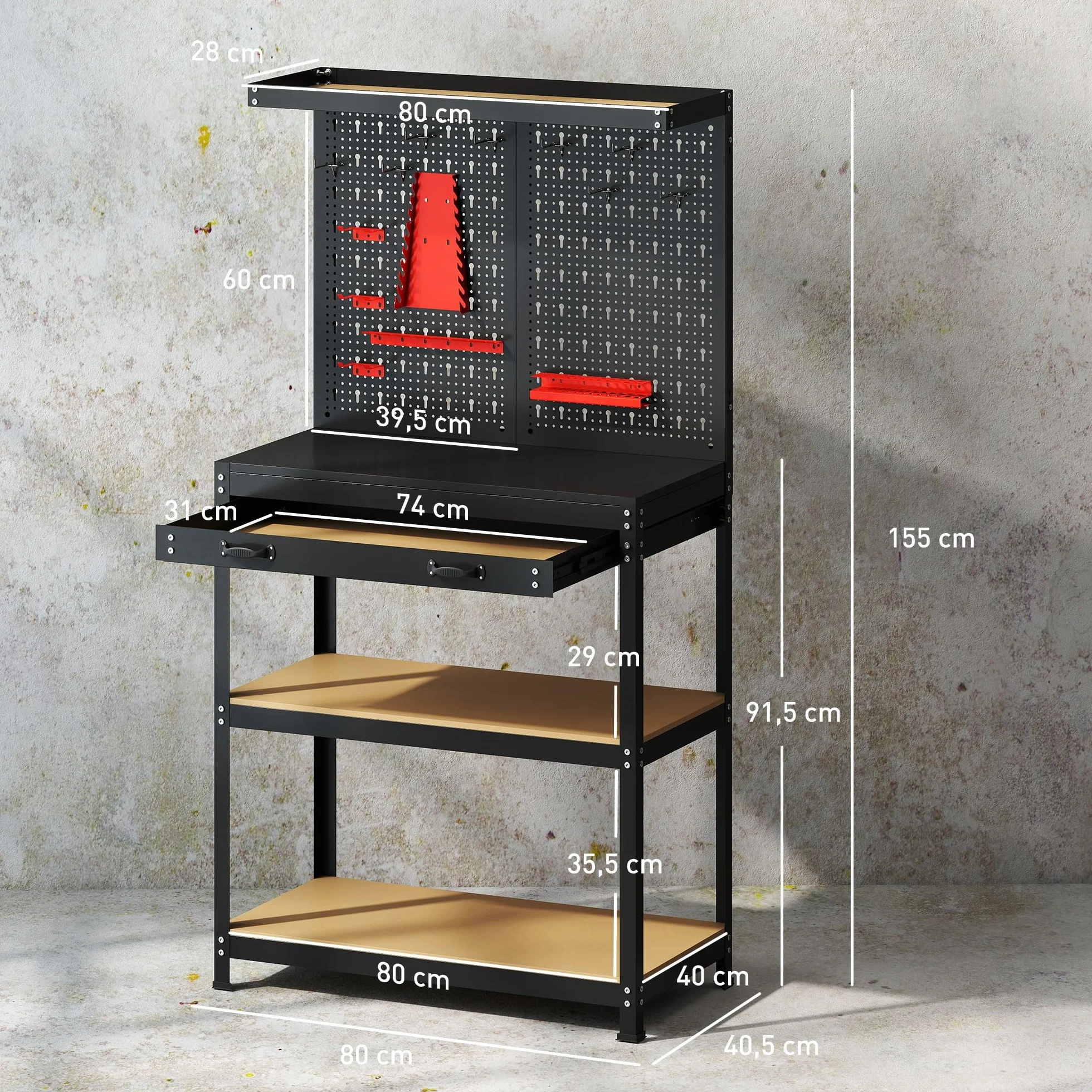 HOMCOM Stół warsztatowy 80 x 40,5 x 155 cm, stół narzędziowy z perforowaną ścianką, haczykami, szufladą, 2 półkami, stół roboczy, nośność 240 kg, stół warsztatowy z metalu, do warsztatu, czarny
