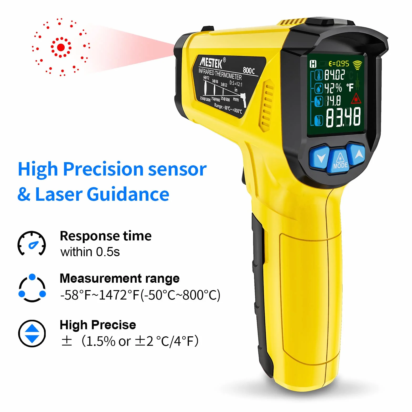 MESTEK Termometr na Podczerwień Pistolet Cyfrowy Laserowy 50℃~800℃ z K-Sondą