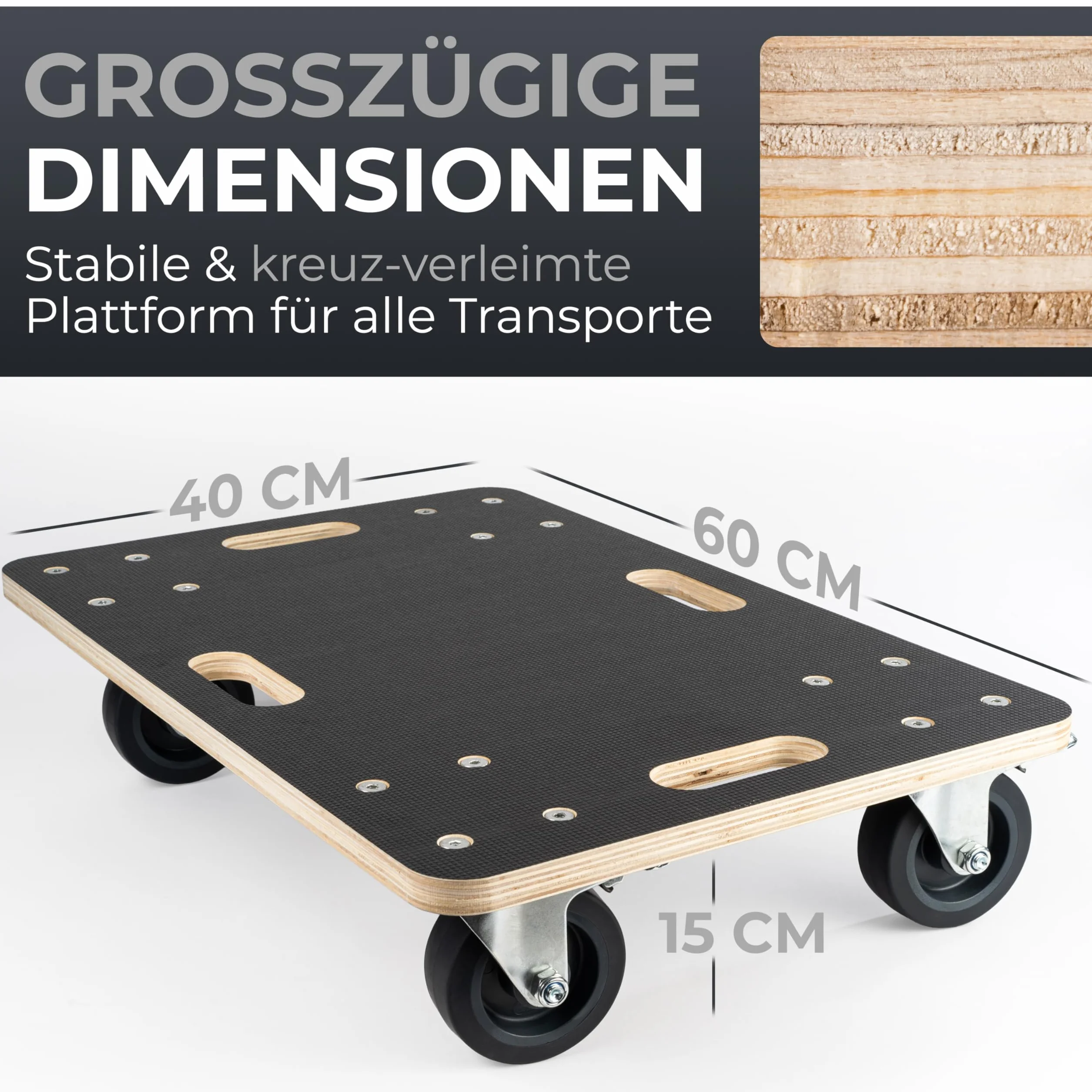 Wytrzymała deskorolka Ovitec | Bardzo ciche koła | Nośność 400 kg | 60 x 40 cm | czarna | wstępnie zmontowana | Wózek na doniczki na kółkach