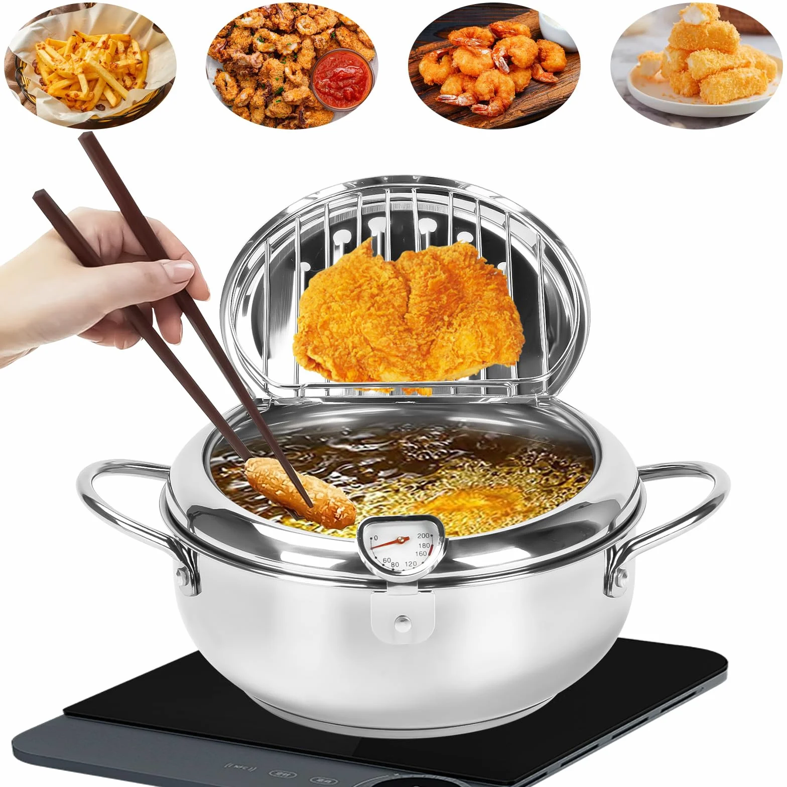 Qivine Mini Garnek do głębokiego smażenia ze stali nierdzewnej, garnek do smażenia z pokrywką i kontrolą temperatury, mini głęboka frytownica do tłuszczu kompatybilna z kuchenką gazową, indukcyjną do