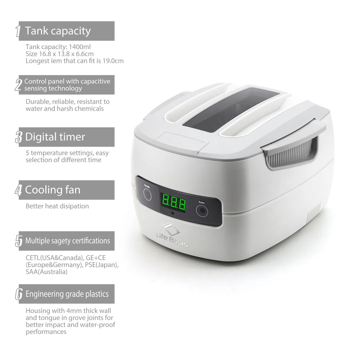 LifeBasis Myjka ultradźwiękowa 1400 ml 60 W Czyszczenie ultradźwiękowe z 5 ustawieniami czasu, Profesjonalna myjka ultradźwiękowa do biżuterii, okularów, wkładów atramentowych i części narzędzi