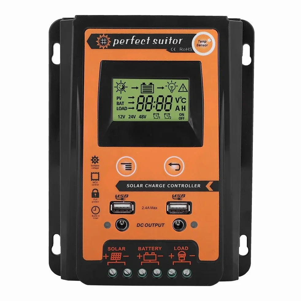 Solar Charge Controller, 12V/24V Solar Charge Controller MPPT 30A50A Solar Battery Panel Controller Podwójny wyświetlacz LCD USB