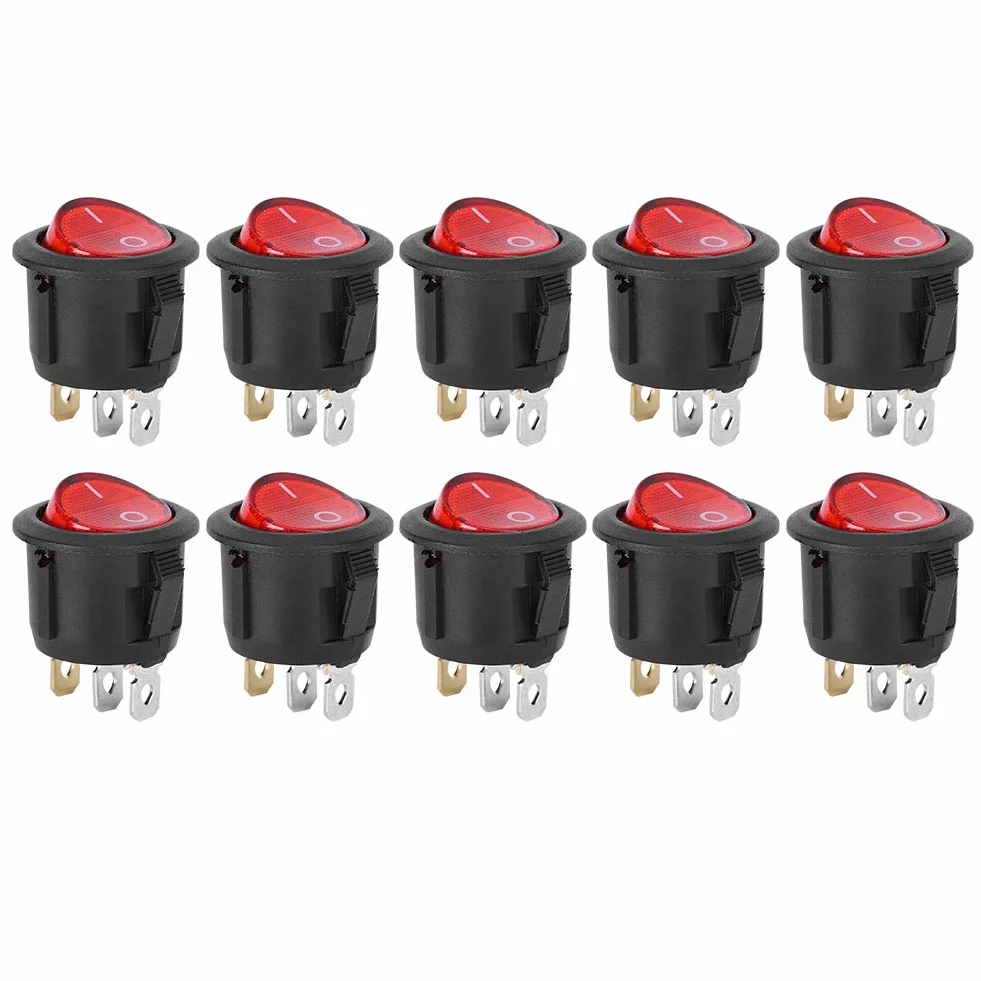 10 Sztuk AC 6A/250V 10A/125V Przełącznik Kołyskowy, Przełącznik NilightRocker 3Pin Okrągły Snap Rocker Przełącznik łodzi Czerwone światło Używane do Przełączników Sprzęt Agd