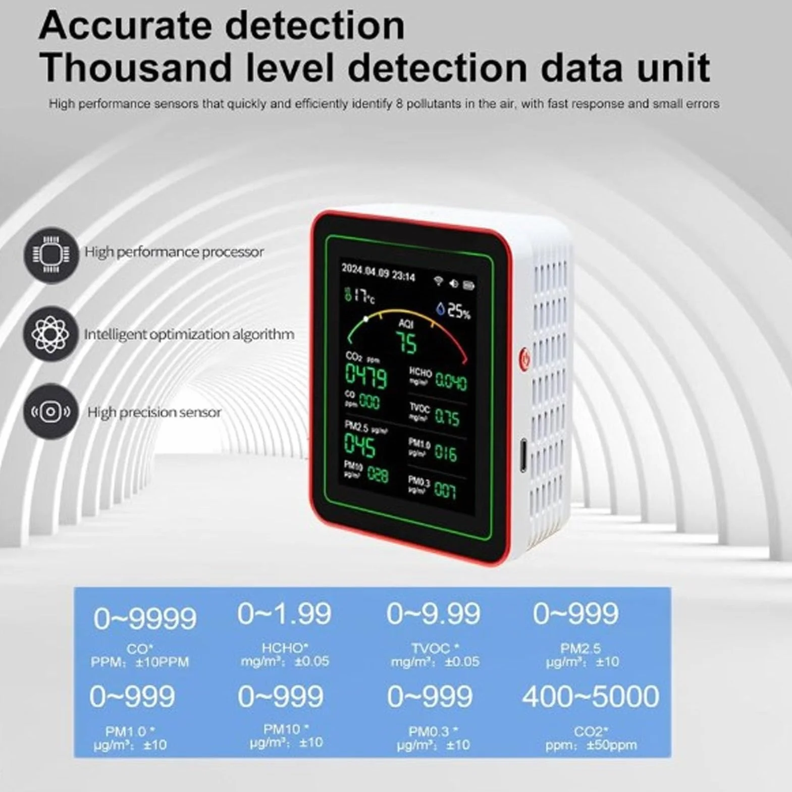 Monitor Jakości Powietrza Wi-Fi 15W, Przenośny Detektor CO2 TVOC HCHO PM2.5, Wilgotność Temperatura, Wyświetlacz LCD 2,8 cala (czarny + czerwony)