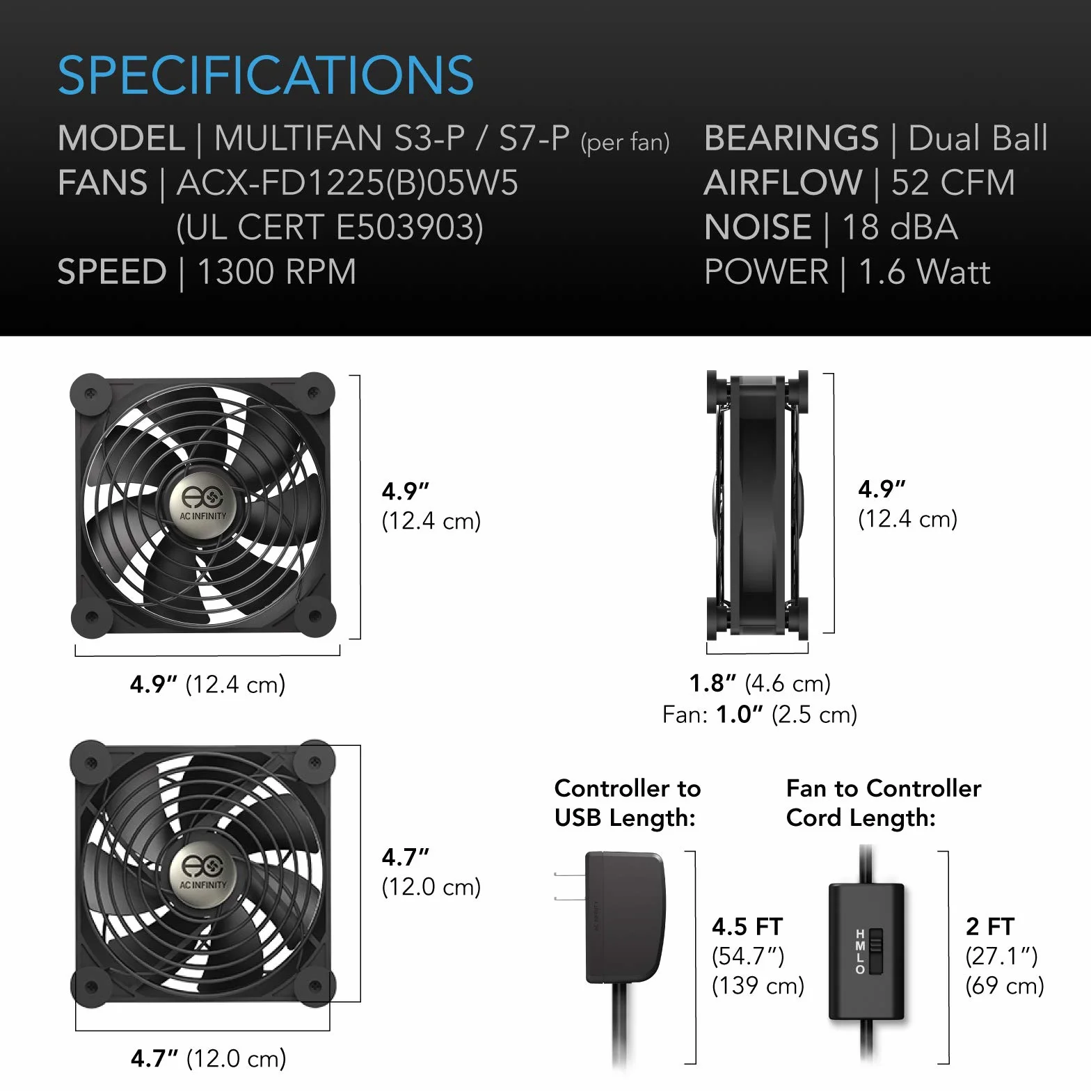 AC Infinity MULTIFAN S7-P, cichy podwójny wentylator zasilany prądem zmiennym 120 mm z regulacją prędkości, certyfikat UL, do odbiornika, DVR, Playstation, Xbox, chłodzenie komponentów