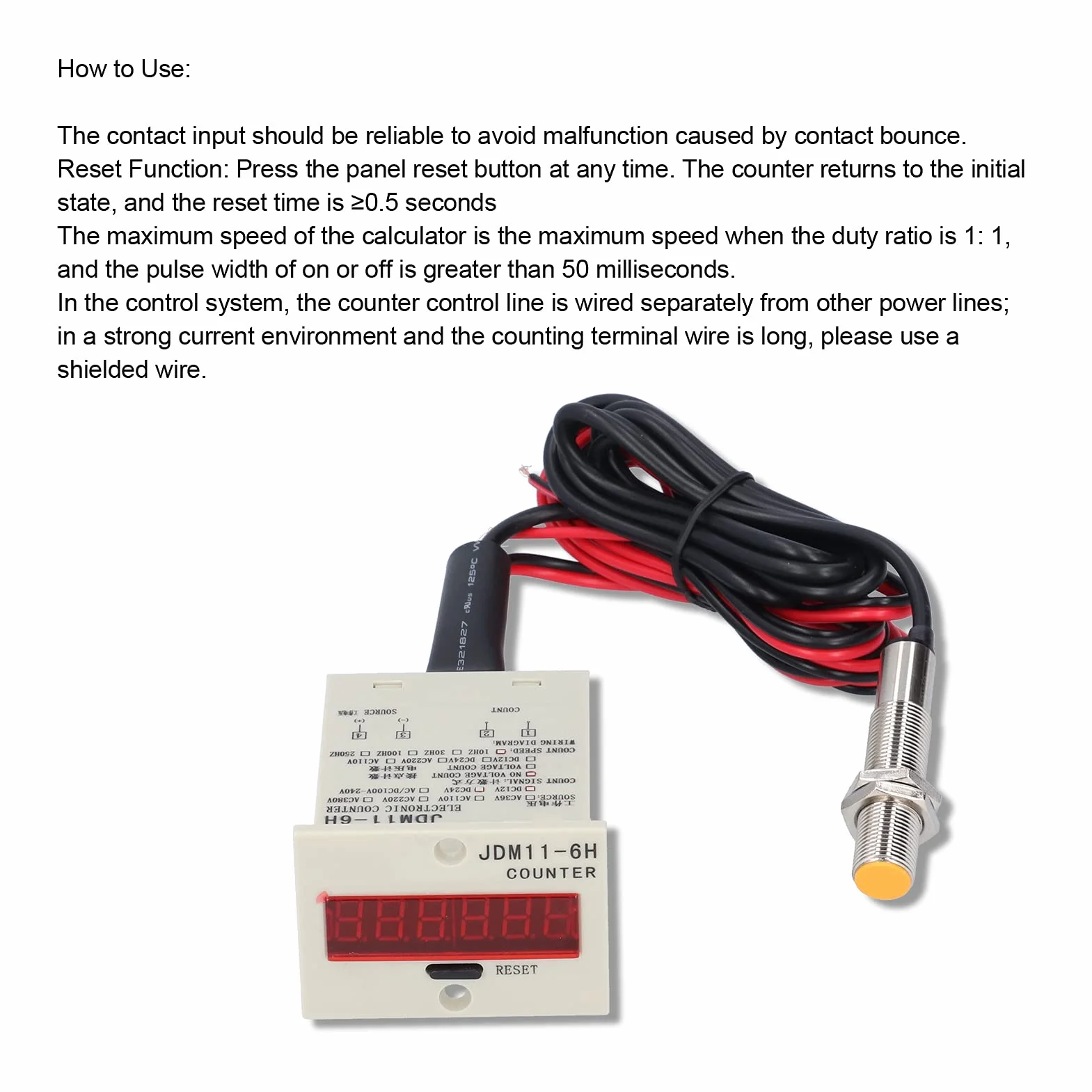 Cyfrowy licznik wyświetlacza, kontakt poziomu czujnika Magnetyczny metalowy obiekt Ciągła praca Przemysłowy panel zliczający Reset JDM11-6H(DC12-24V)