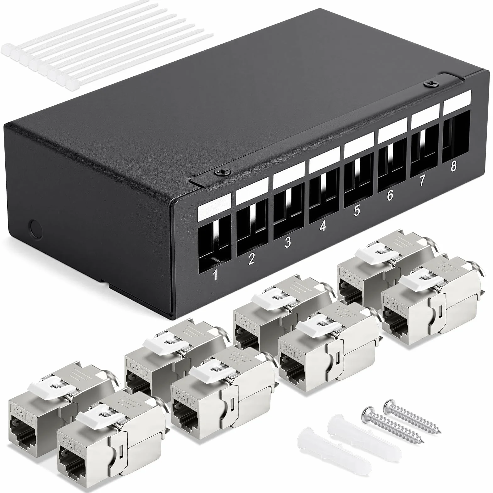 AXFEE Panel krosowy CAT 7, 8-portowy panel krosowy z modułem 8X RJ45 Keystone Jack Modul, zestaw paneli krosowych 10 Gb/s, panel krosowy kompatybilny z CAT6 CAT6a CAT7, kabel instalacyjny, kabel