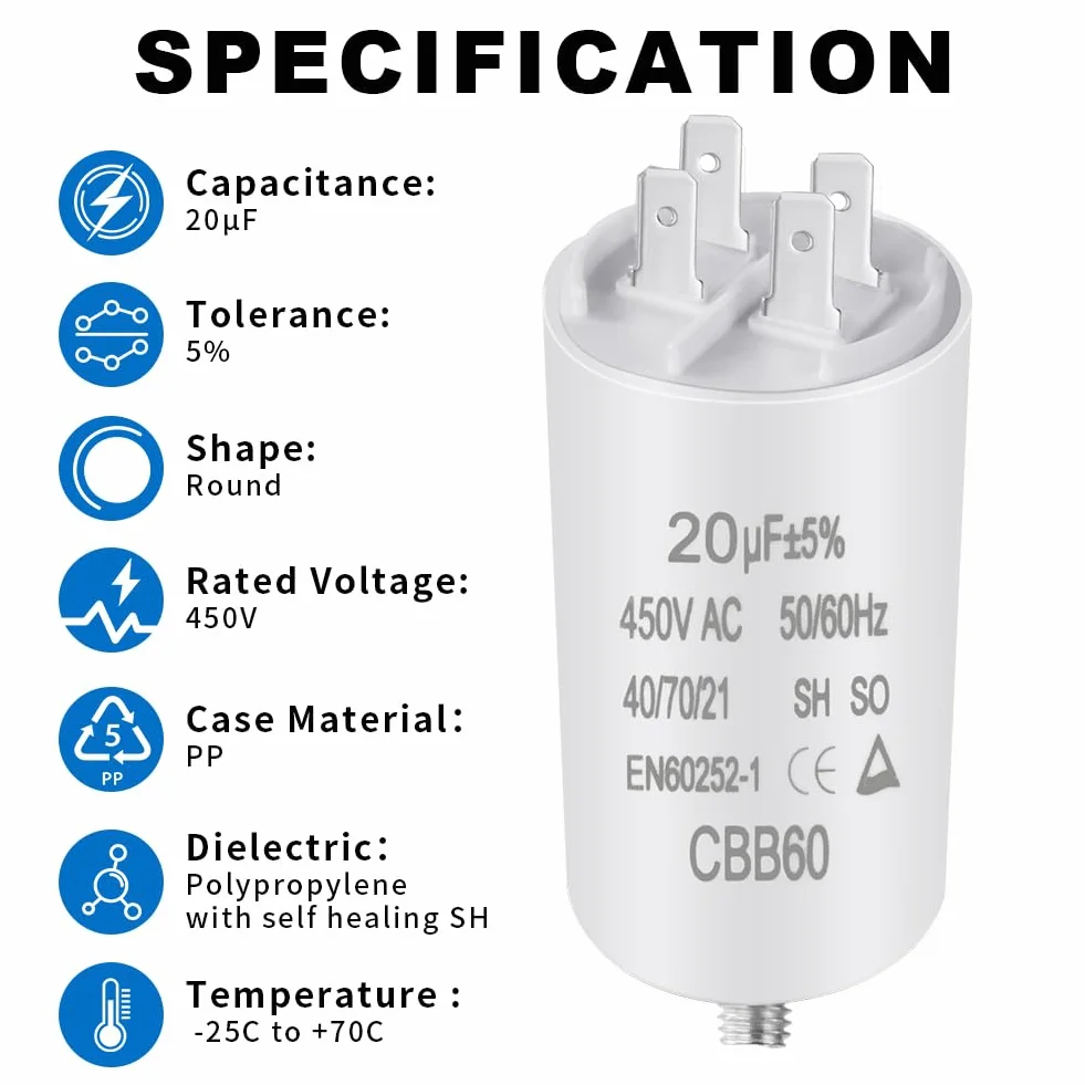 OFFCUP CBB60 Kondensator rozruchowy, 20μF 450V Kondensator silnika Złącze 50/60 Hz do pompy basenowej klimatyzator silniki i wentylator 100 x 41 mm
