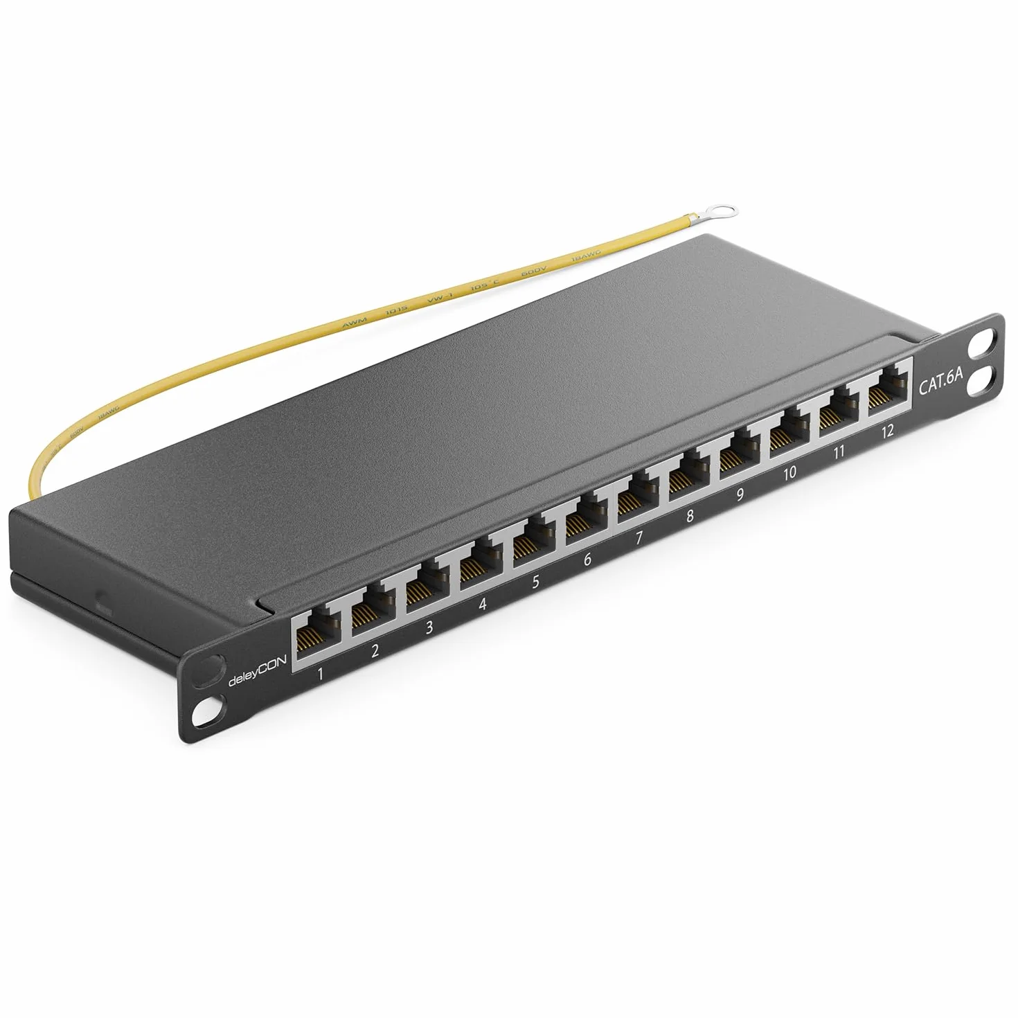 deleyCON CAT 6a 0.5U Patch Panel 12 Portów RJ45 Ekranowany RAL 9005 Czarny