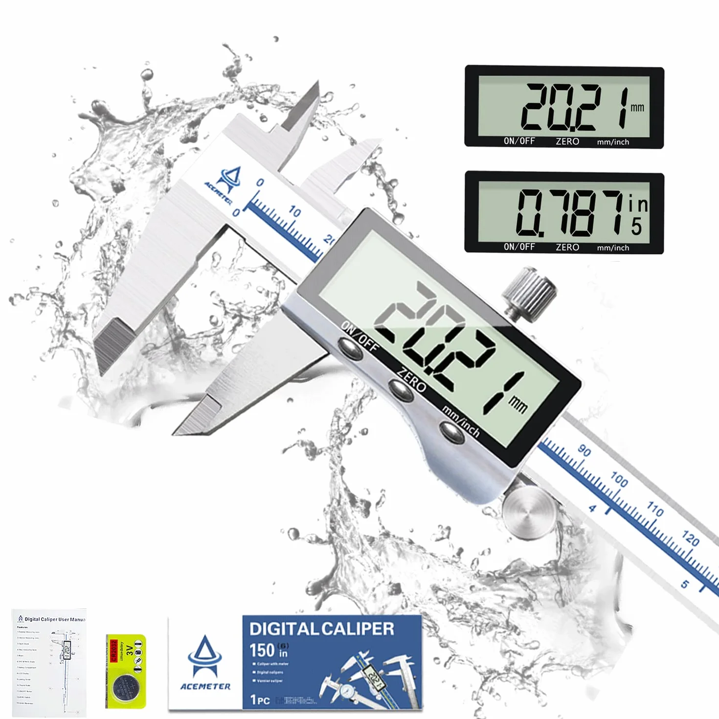 Suwmiarka cyfrowa, ACEMETER narzędzie pomiarowe suwmiarki 6-calowy mikrometr elektroniczny, ekran LCD ze stali nierdzewnej, regulowana dokładność 0,01 mm, konwersja kciuka/milimetr