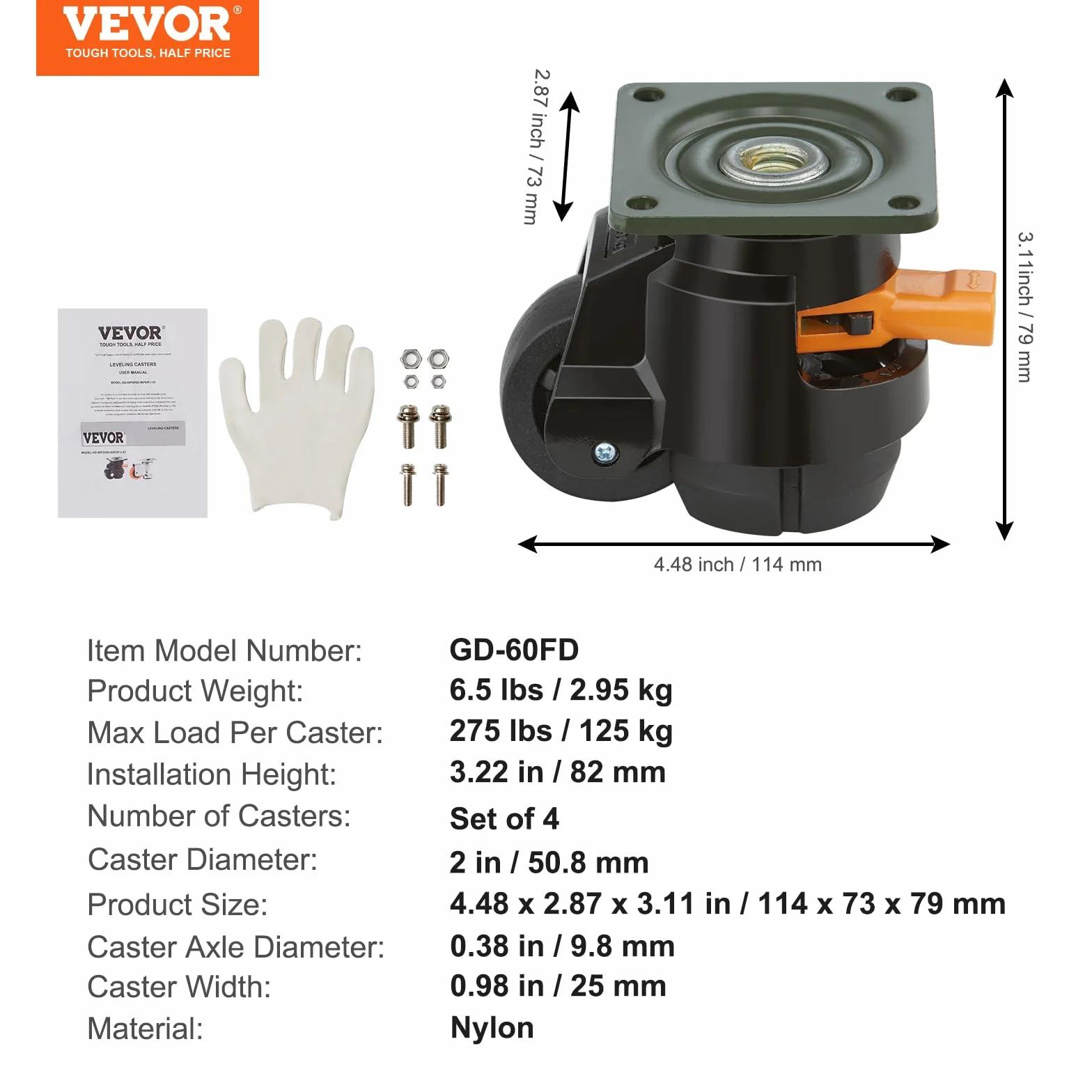 VEVOR Kółka poziomujące zestaw 4 szt. nośność 499 kg 5 cm regulowane obrotowe 360°