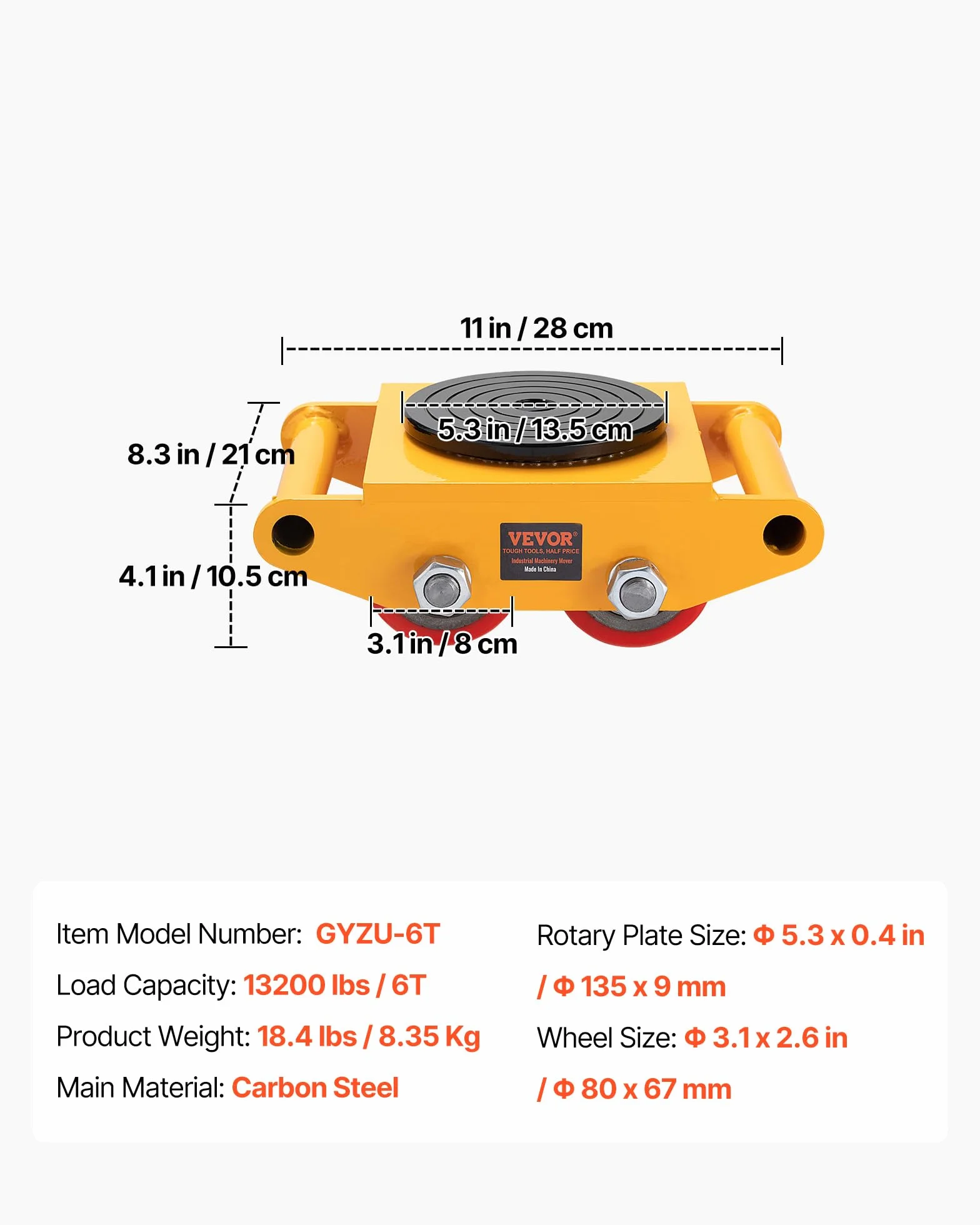 VEVOR Rolki pancerne, 6T, zawieszenie transportowe, 280 x 210 x 105 mm, rolki transportowe ze stali węglowej, rolki przemysłowe z 4 kółkami kierunkowymi PU, średnica 135 x 9 mm, płyta obrotowa, pomoc