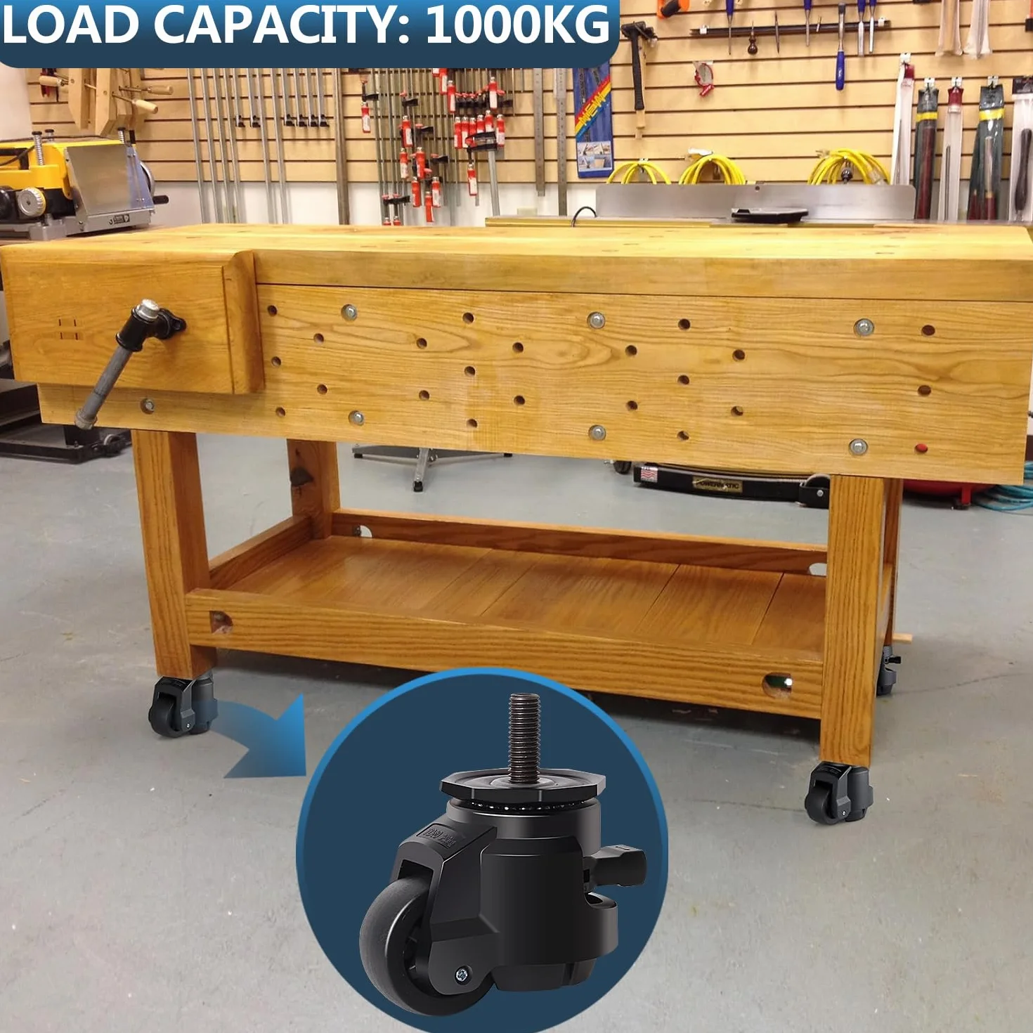 Rolki do dużych obciążeń M12 x 30 mm z regulowanym uchwytem zapadkowym, 4 kółka skrętne do 1000 kg, 50 mm, wysuwane kółka warsztatowe, kółka transportowe, kółka meblowe obracane o 360°, rolki