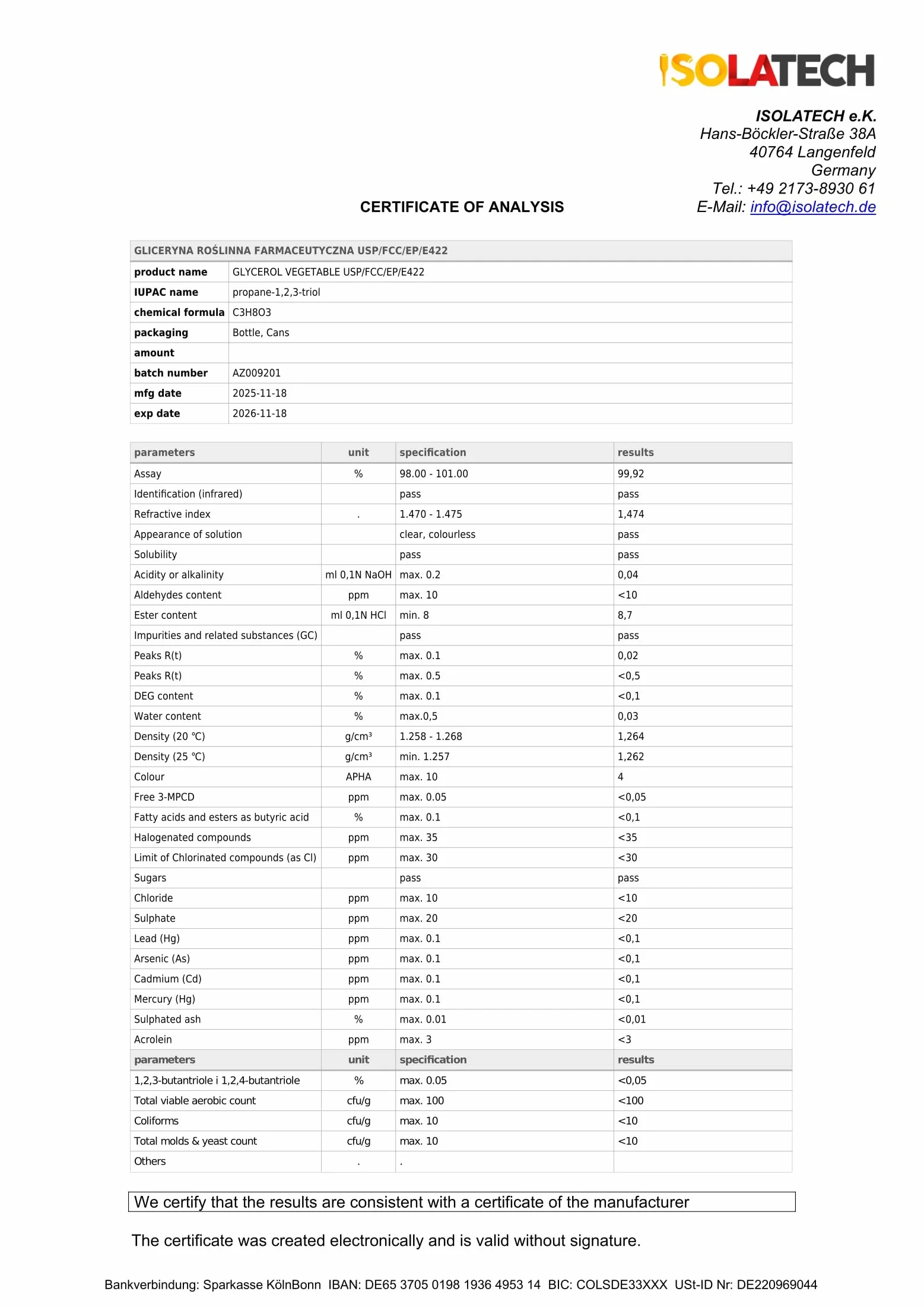ISOLATECH Gliceryna 99,5% 5 l jakość farmaceutyczna czysto roślinna glicerol w płynie z kurkiem przelewowym DIN 51