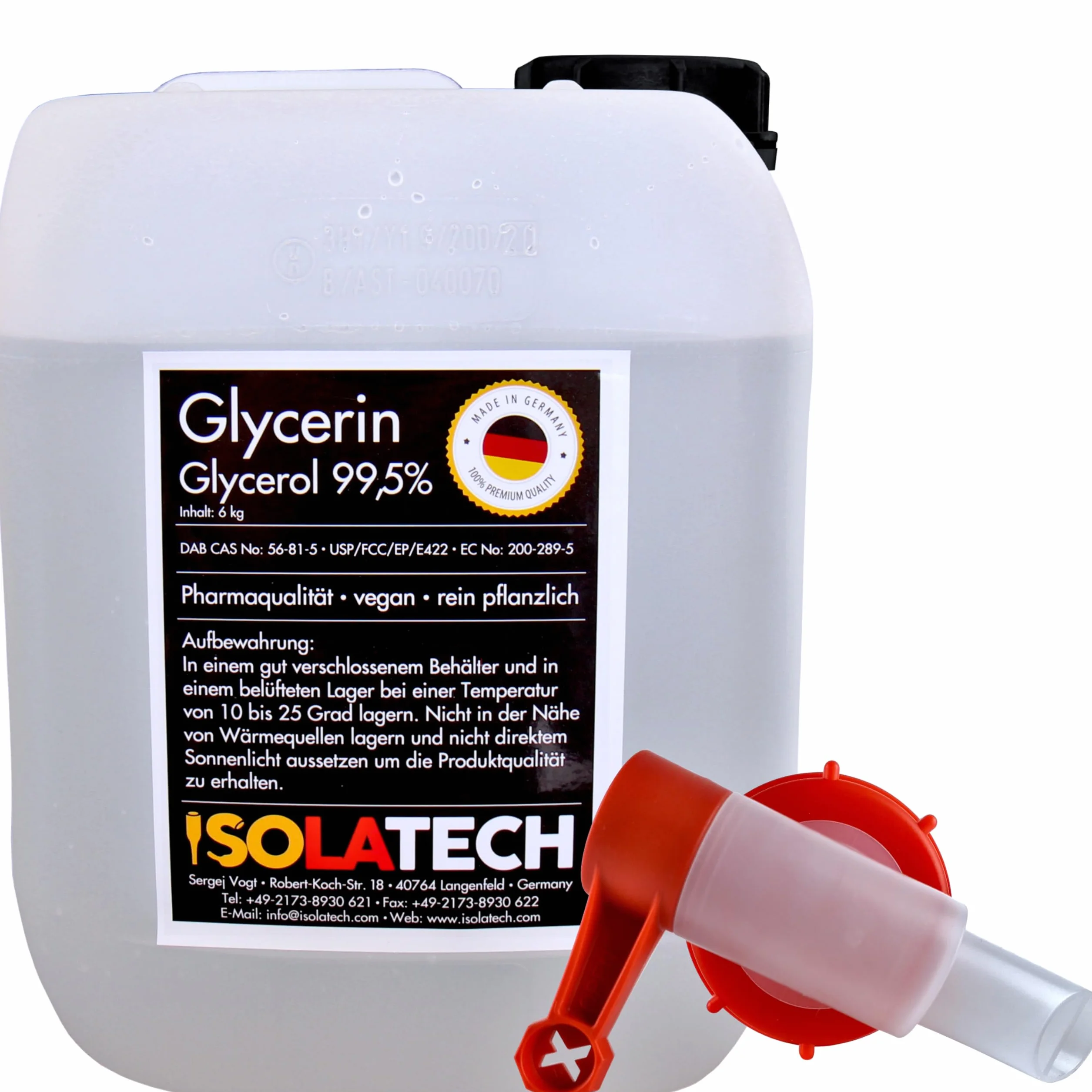 ISOLATECH Gliceryna 99,5% 5 l jakość farmaceutyczna czysto roślinna glicerol w płynie z kurkiem przelewowym DIN 51
