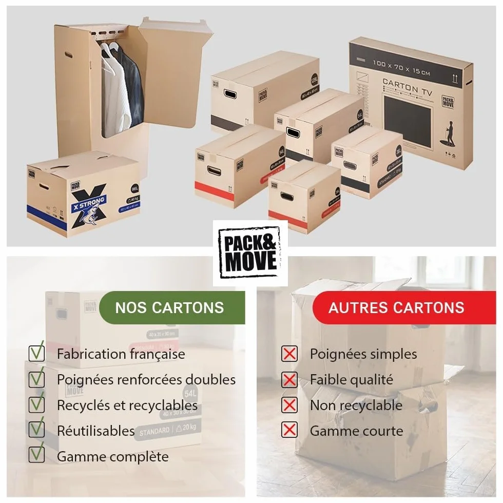 Cartons de déménagement 72L 60x40x30 cm - Lot de 20 - Made in France - Certifié FSC
