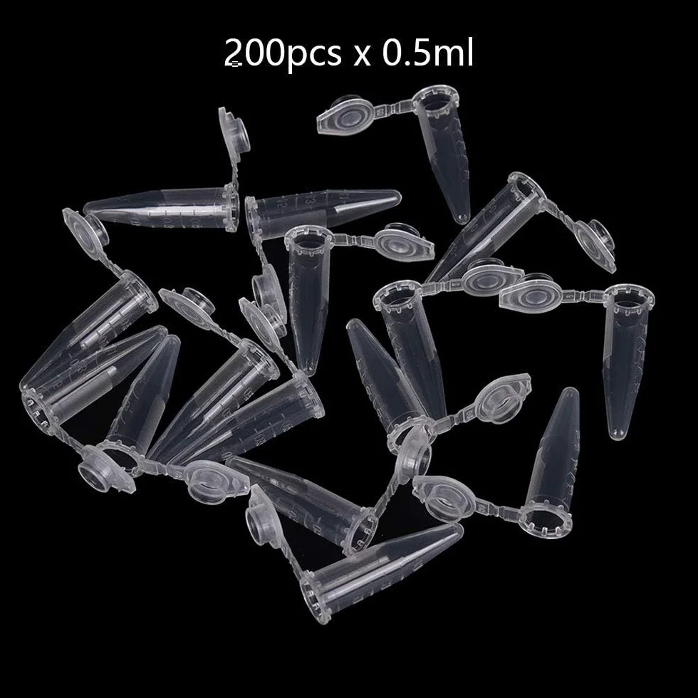 200 sztuk probówek do mikrowirówki w skali 0,5 ml, plastikowe probówki do mikrowirówki z dołączoną nasadką zatrzaskową do probówek do wirówek laboratoryjnych, butelek na próbki, laboratoryjne materiały eksploatacyjne