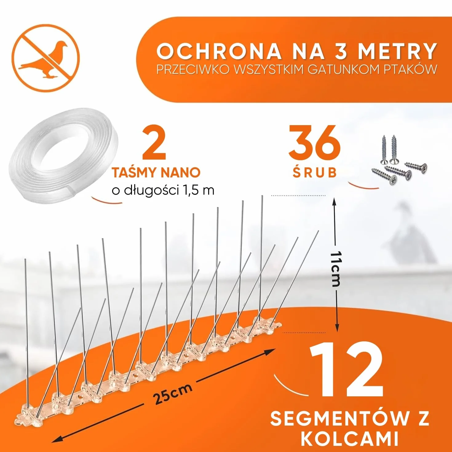 WERKTAL Kolce odstraszające gołębie – skuteczna ochrona przed ptakami z trwałej stali nierdzewnej [3 metry] – przyjazna dla zwierząt ochrona przed gołębiami na balkon i okno – montaż bez użycia narzędzi dzięki nanotape – przeciwko wszystkim gatunkom ptakó