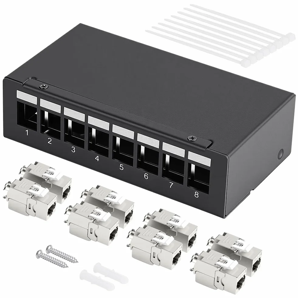 AXFEE Panel krosowy CAT 7, 8-portowy panel krosowy z modułem 8X RJ45 Keystone Jack Modul, zestaw paneli krosowych 10 Gb/s, panel krosowy kompatybilny z CAT6 CAT6a CAT7, kabel instalacyjny, kabel