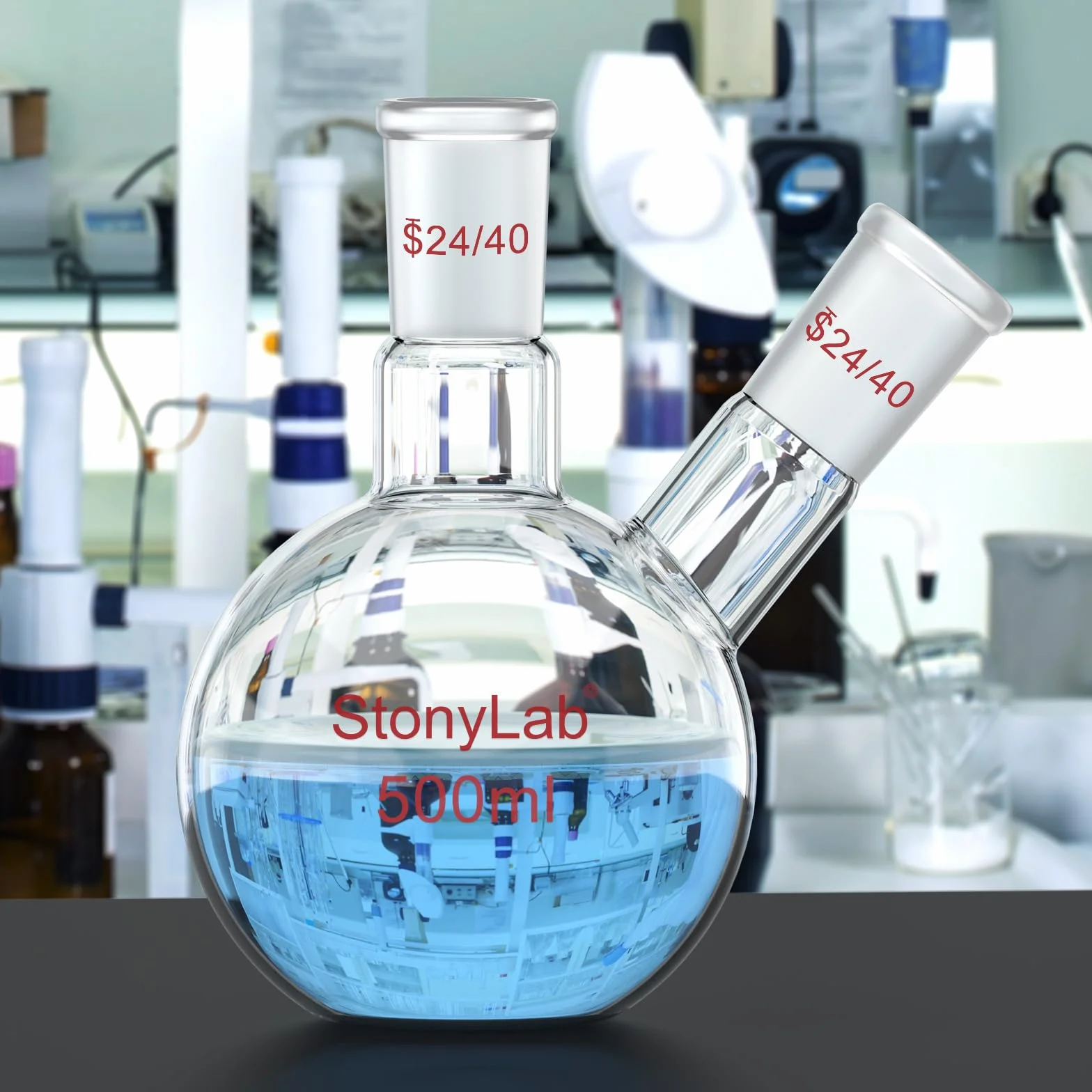stonylab Kolba z płaskim dnem FBF, ciężka ściana 2 szyjki kolba laboratoryjna ze szkła borokrzemowego płaskie dno gotująca kolba ze standardowym złączem 24/40, 500 ml