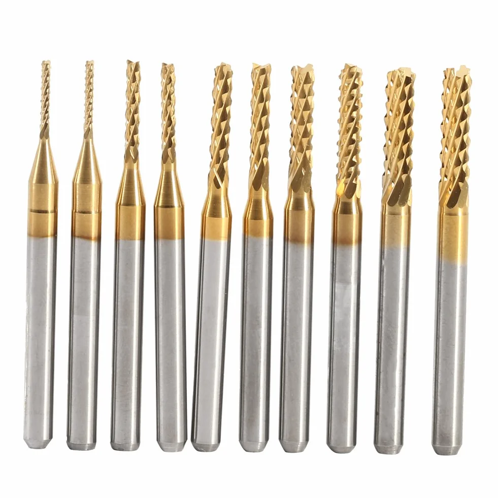 10 szt. frezów trzpieniowych powlekanych tytanem, zestaw frezów z węglika spiekanego CNC, grawerowanie, bity, rzeźbienie, narzędzia, 1,0-3,0 mm