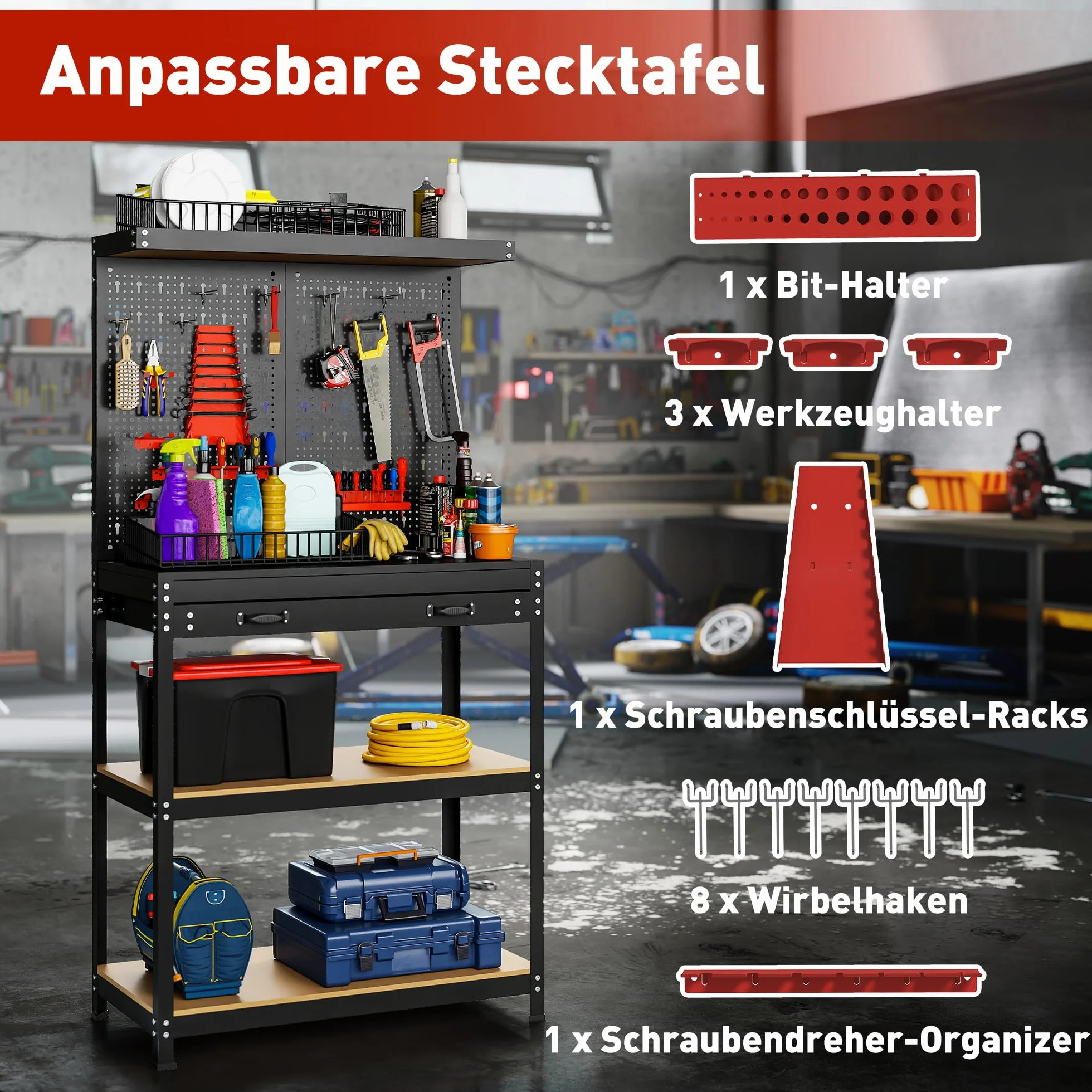 HOMCOM Stół warsztatowy 80 x 40,5 x 155 cm, stół narzędziowy z perforowaną ścianką, haczykami, szufladą, 2 półkami, stół roboczy, nośność 240 kg, stół warsztatowy z metalu, do warsztatu, czarny