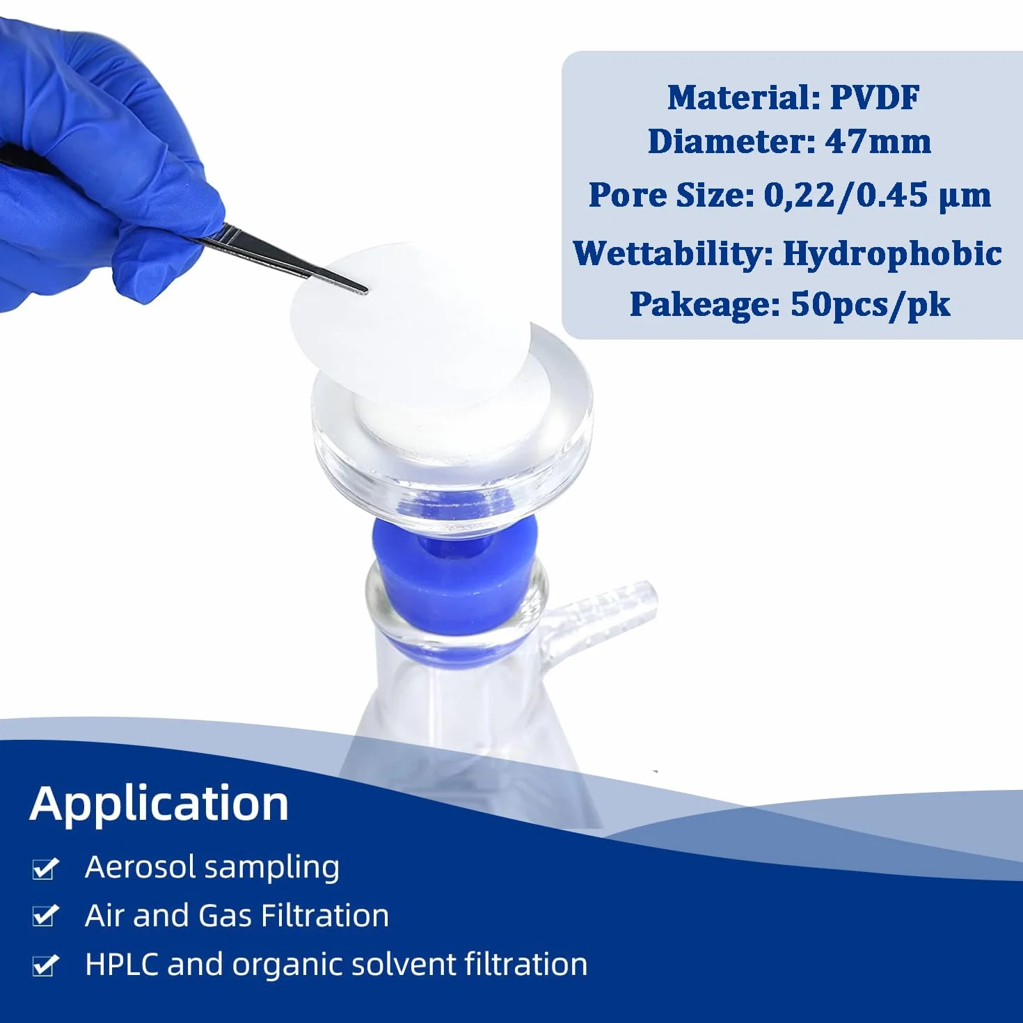 PVDF filtr membranowy do szyb, hydrofobowy, średnica 47 mm, rozmiar porów 0,45 µm, opakowanie 50 sztuk