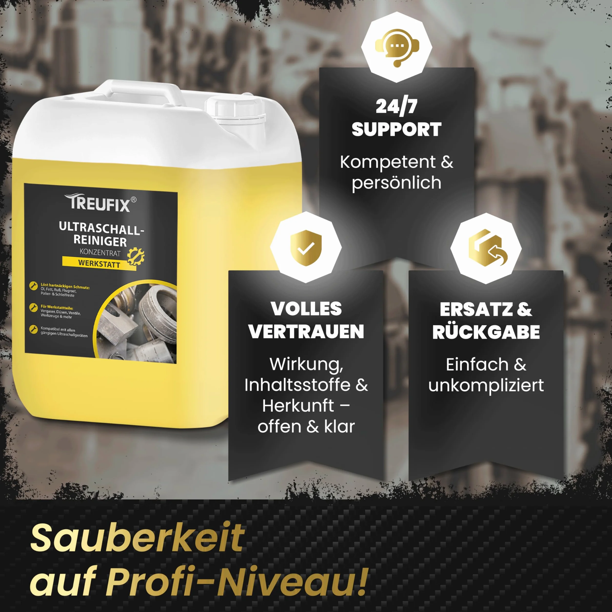 Treufix Koncentrat do czyszczenia ultradźwiękowego, 5 l, do gaźników, dysz wtryskowych, części silnika – odporny na olej, tłuszcz, sadzę – chroni materiał i efektywność – Made in DE
