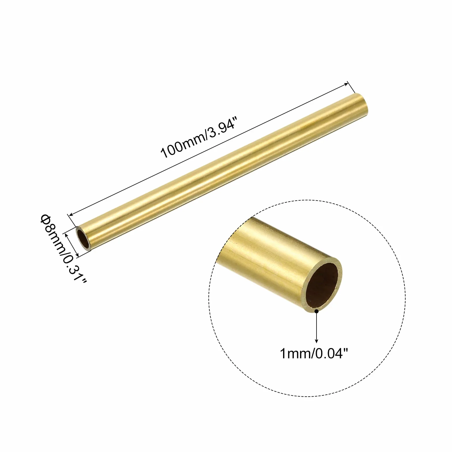 QUARKZMAN Rurka mosiężna, 8mm OD 1mm Grubość ściany 100mm Długość okrągła rura dla przemysłu, projekty DIY 2 szt