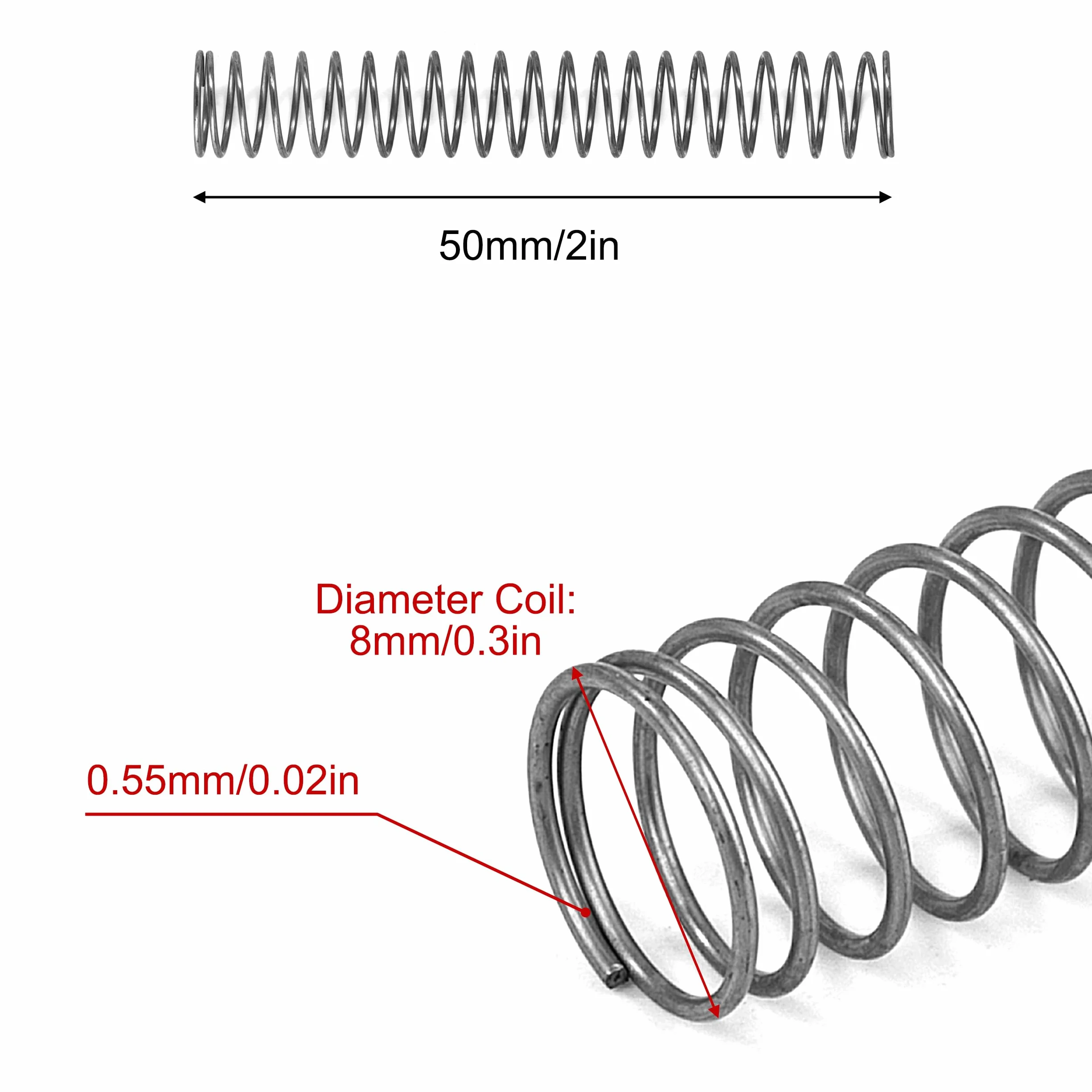 Sprężyna dociskowa ze stali nierdzewnej sprężyny dociskowe 50 mm średnica drutu 0,55 mm średnica zewnętrzna 8 mm długość 50 mm maksymalna siła sprężyny 0,35 kg 10 sztuk